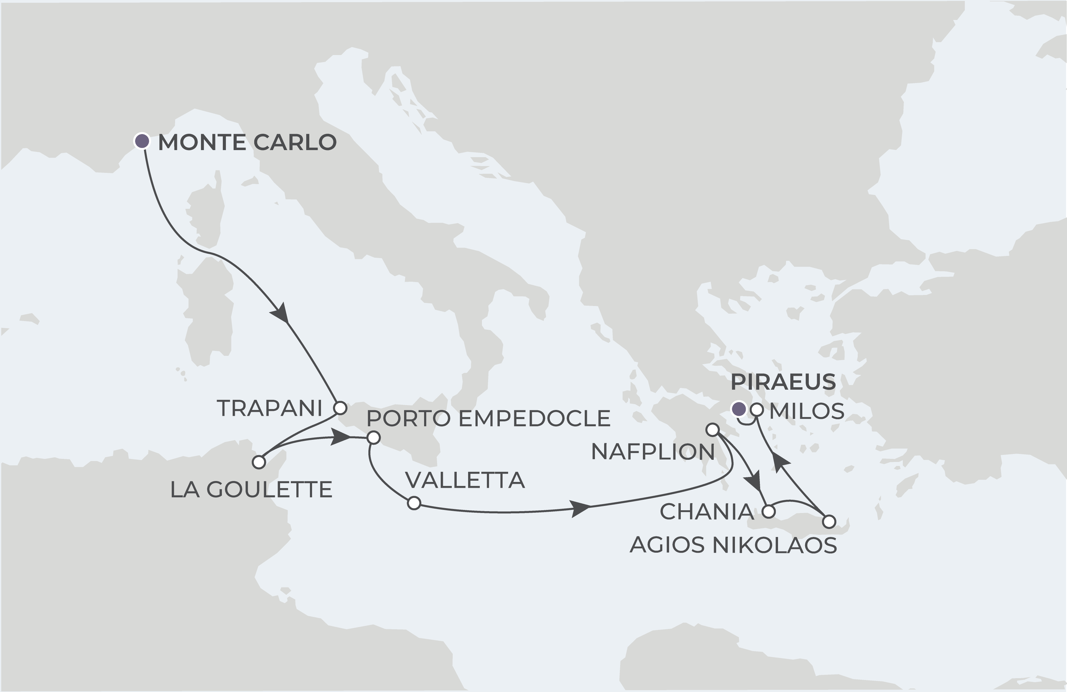 Monte Carlo to Athens Itinerary Map