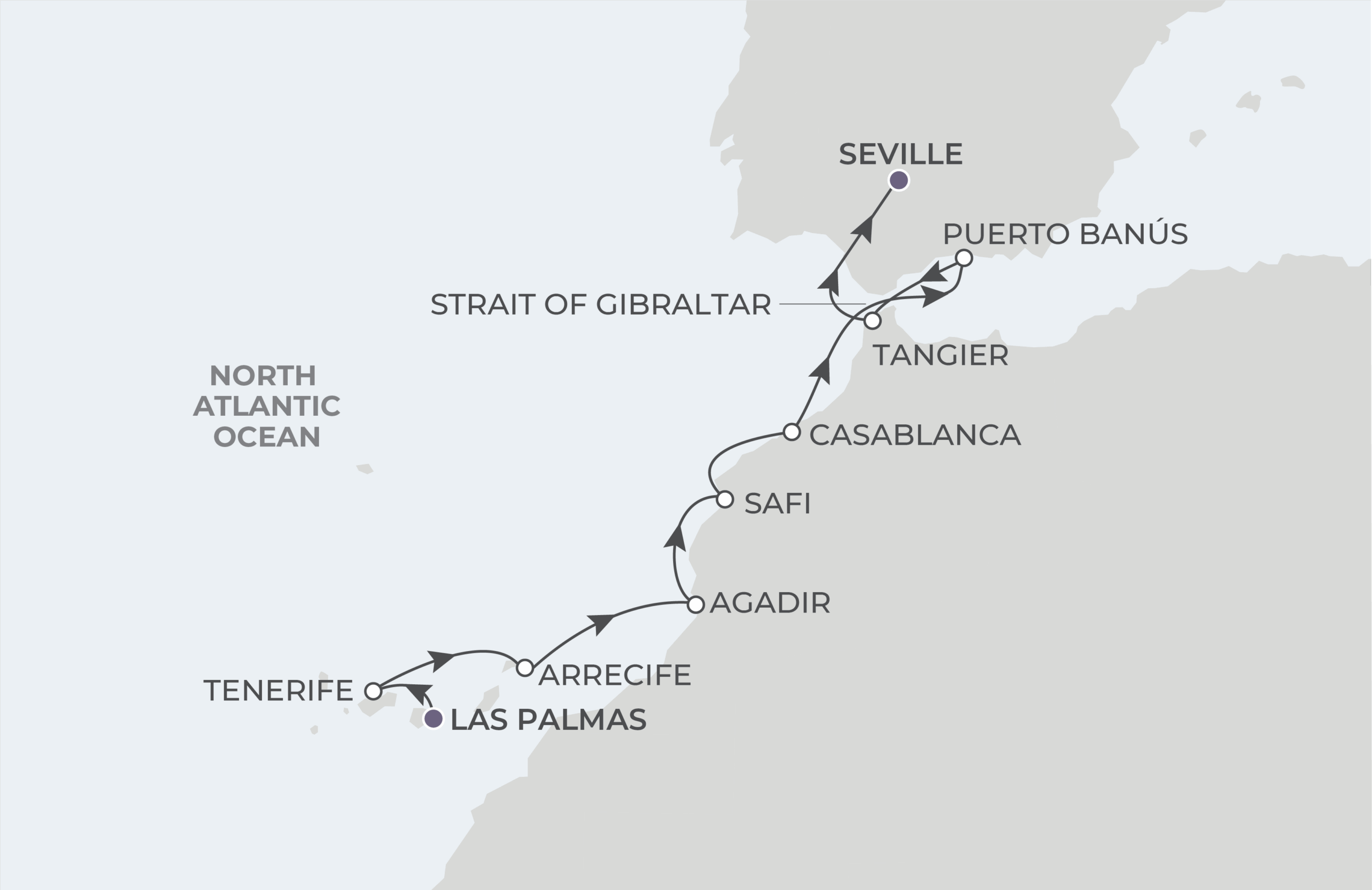 Las Palmas to Seville Itinerary Map