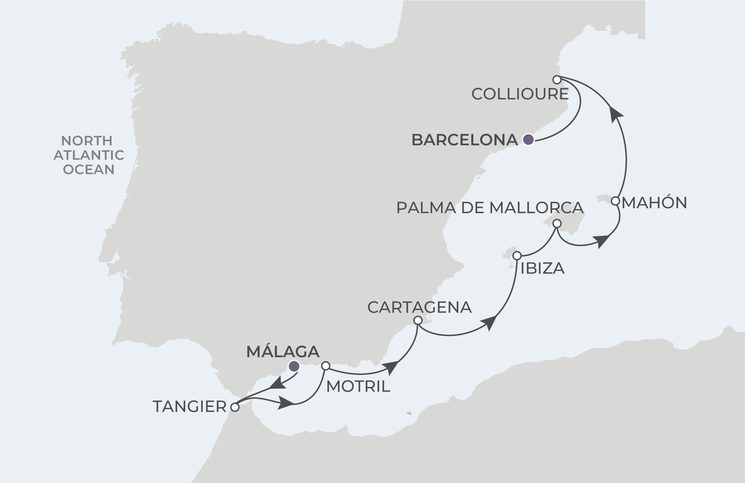 Malaga to Barcelona Itinerary Map