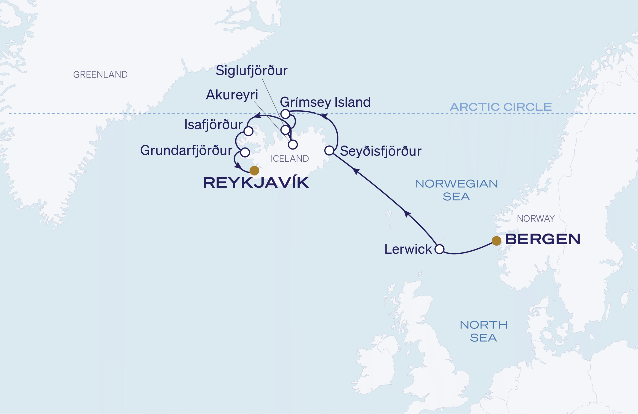 Map for Bergen to Reykjavík