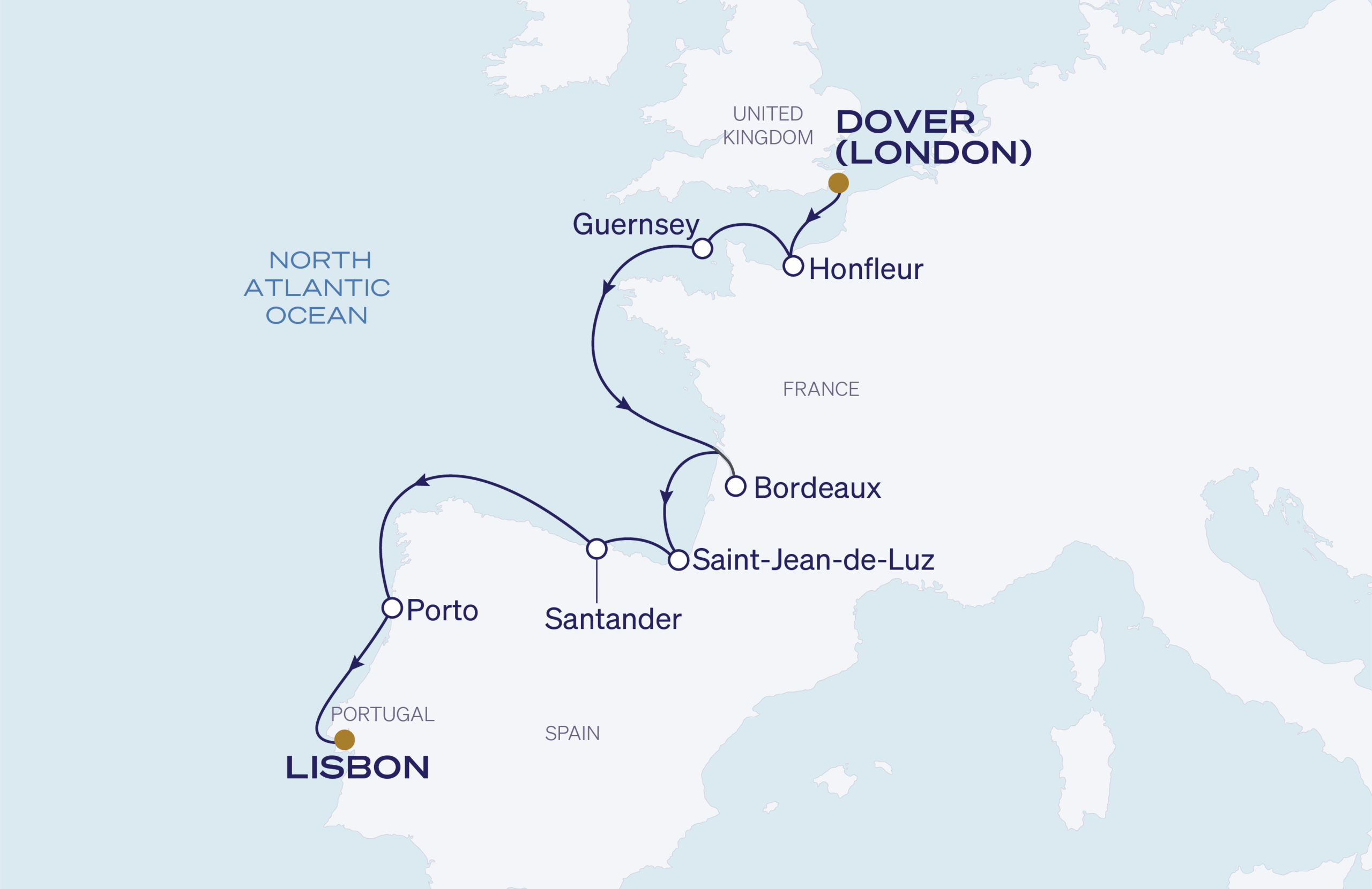 Map for Dover to Lisbon