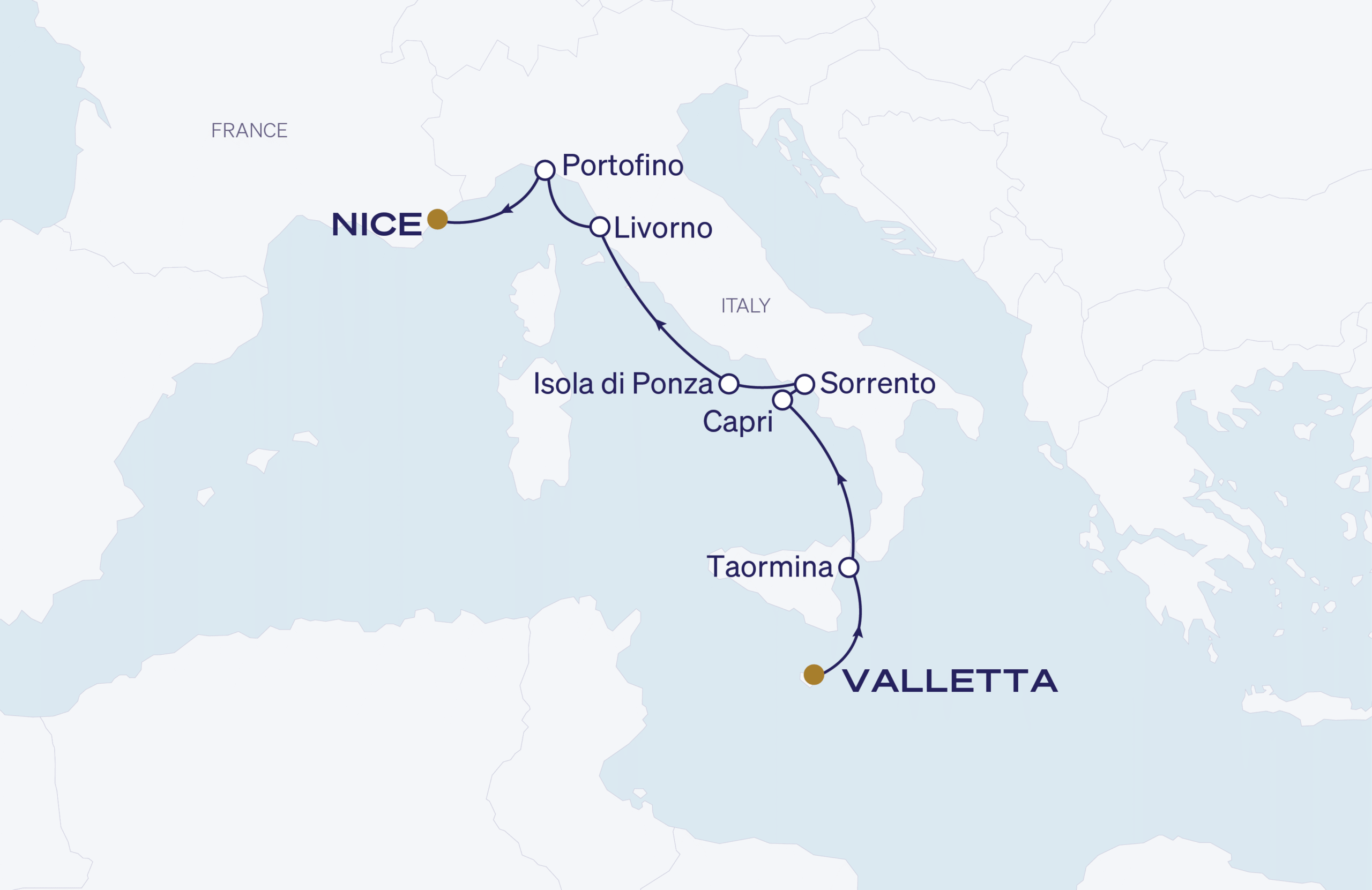 Map for Valletta to Nice