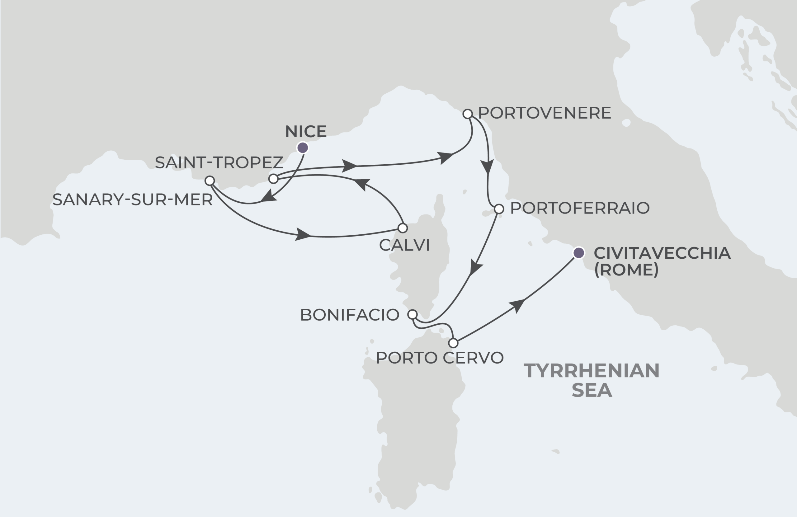 Nice to Rome Itinerary Map