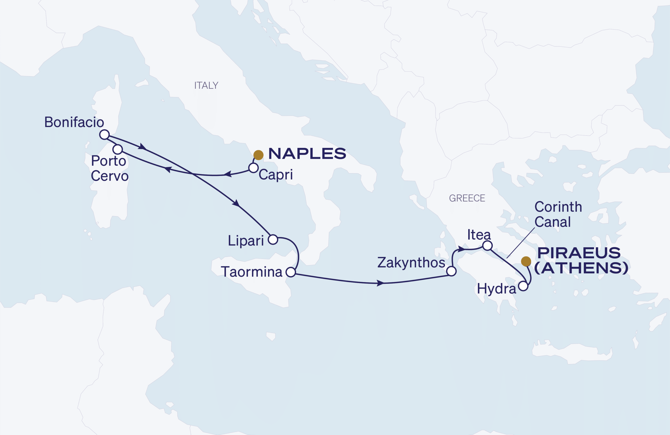 Map for Naples to Athens