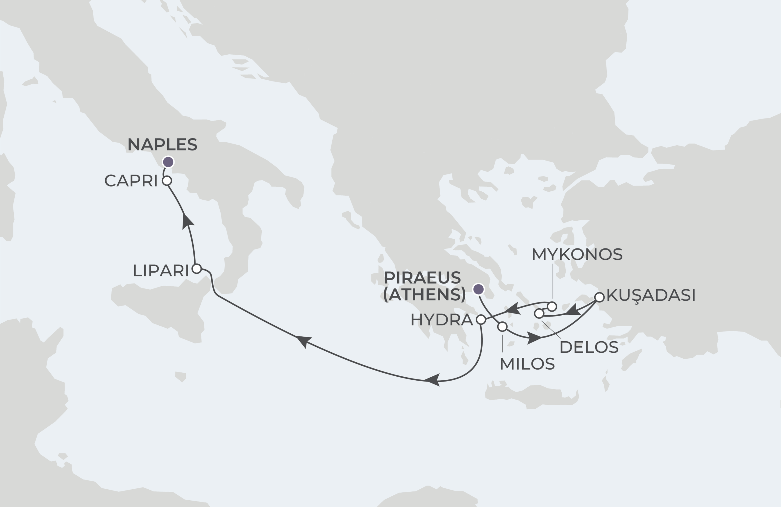 Athens to Naples Itinerary Map