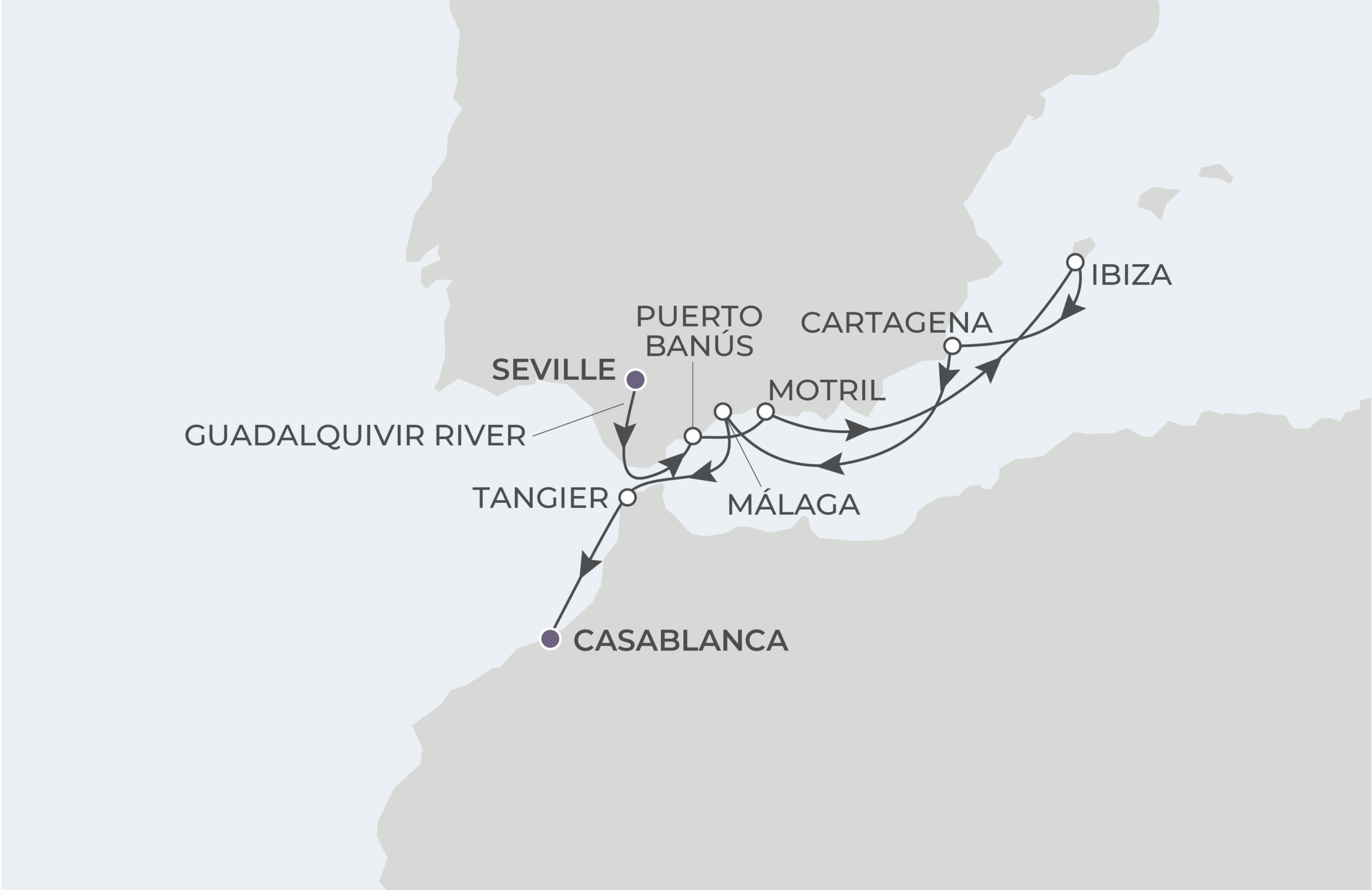 Seville  to Casablanca Itinerary Map