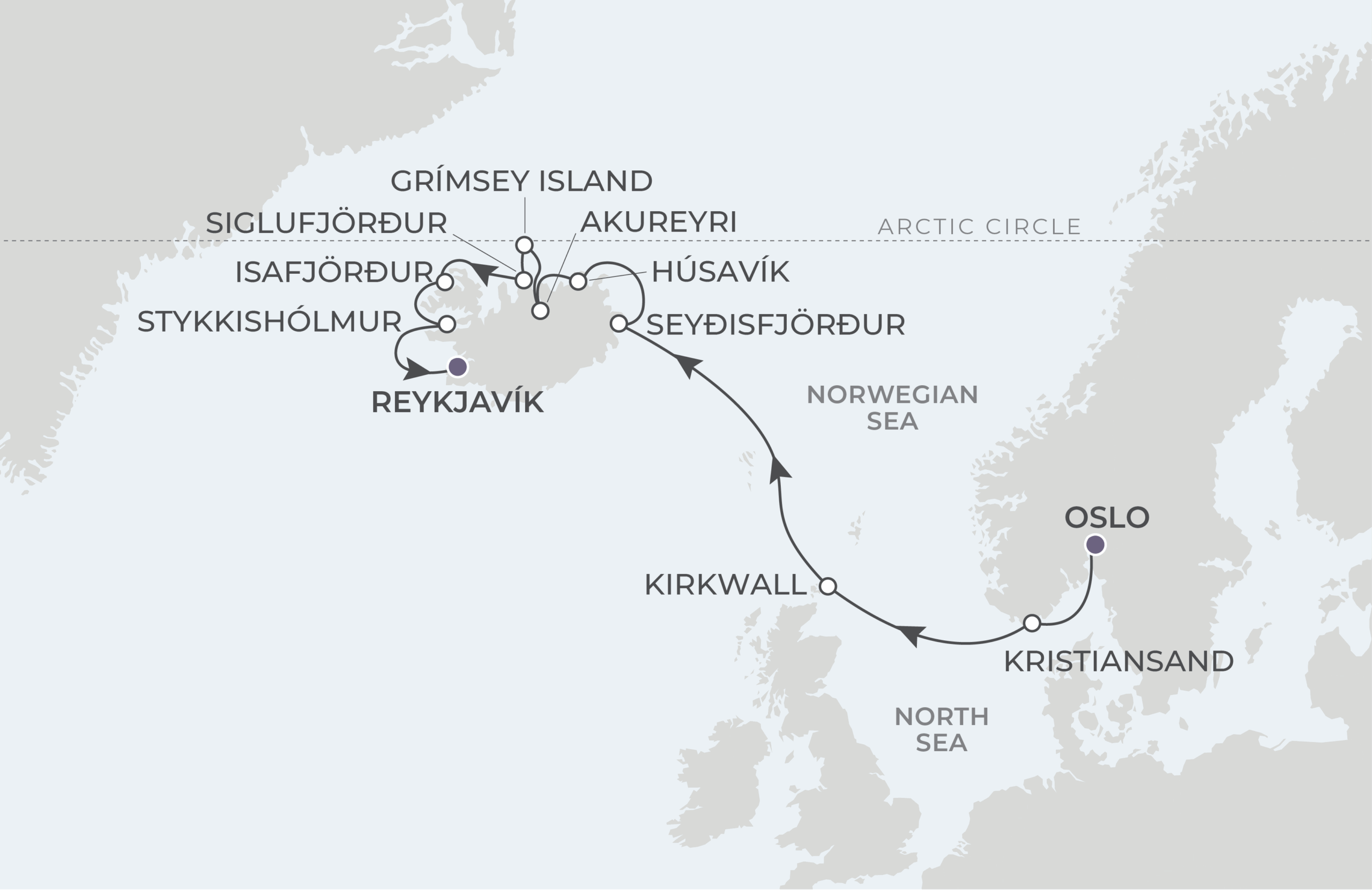 Map for Oslo to Reykjavík