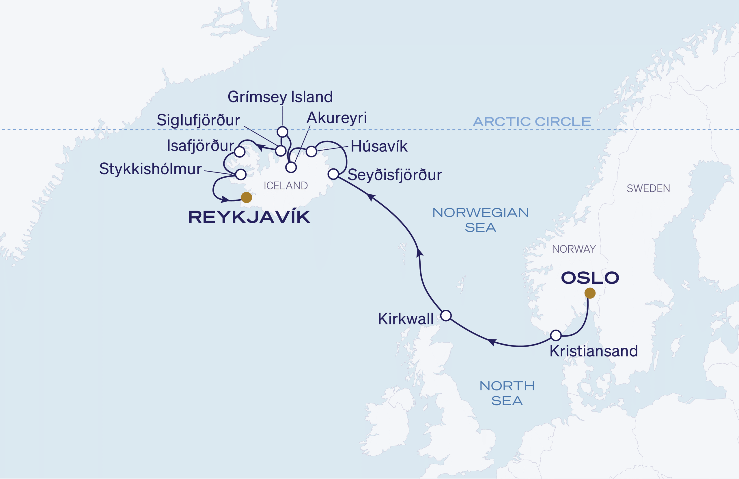 Map for Oslo to Reykjavík
