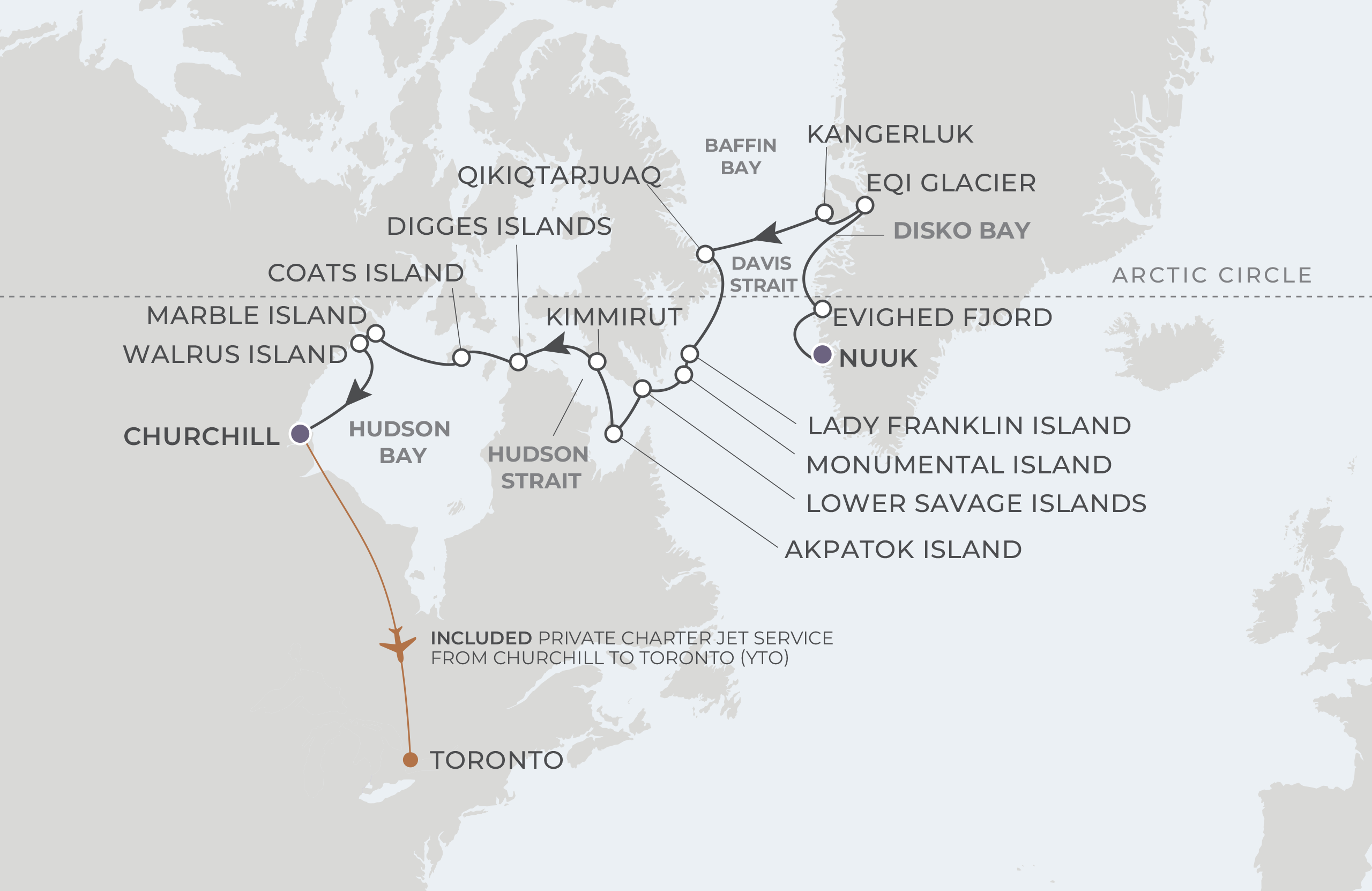 Nuuk to Churchill Itinerary Map