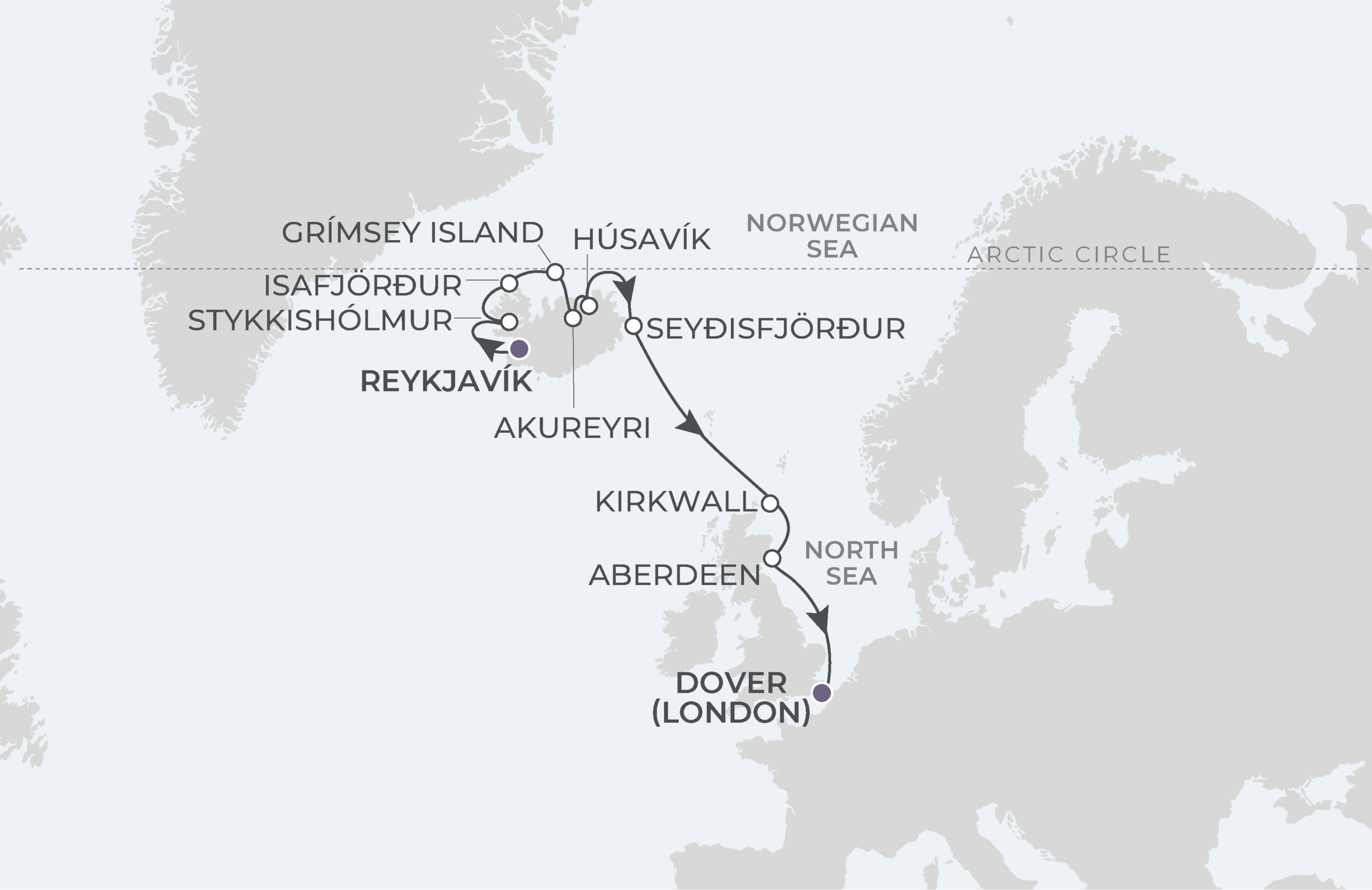 Reykjavik to Dover Itinerary Map