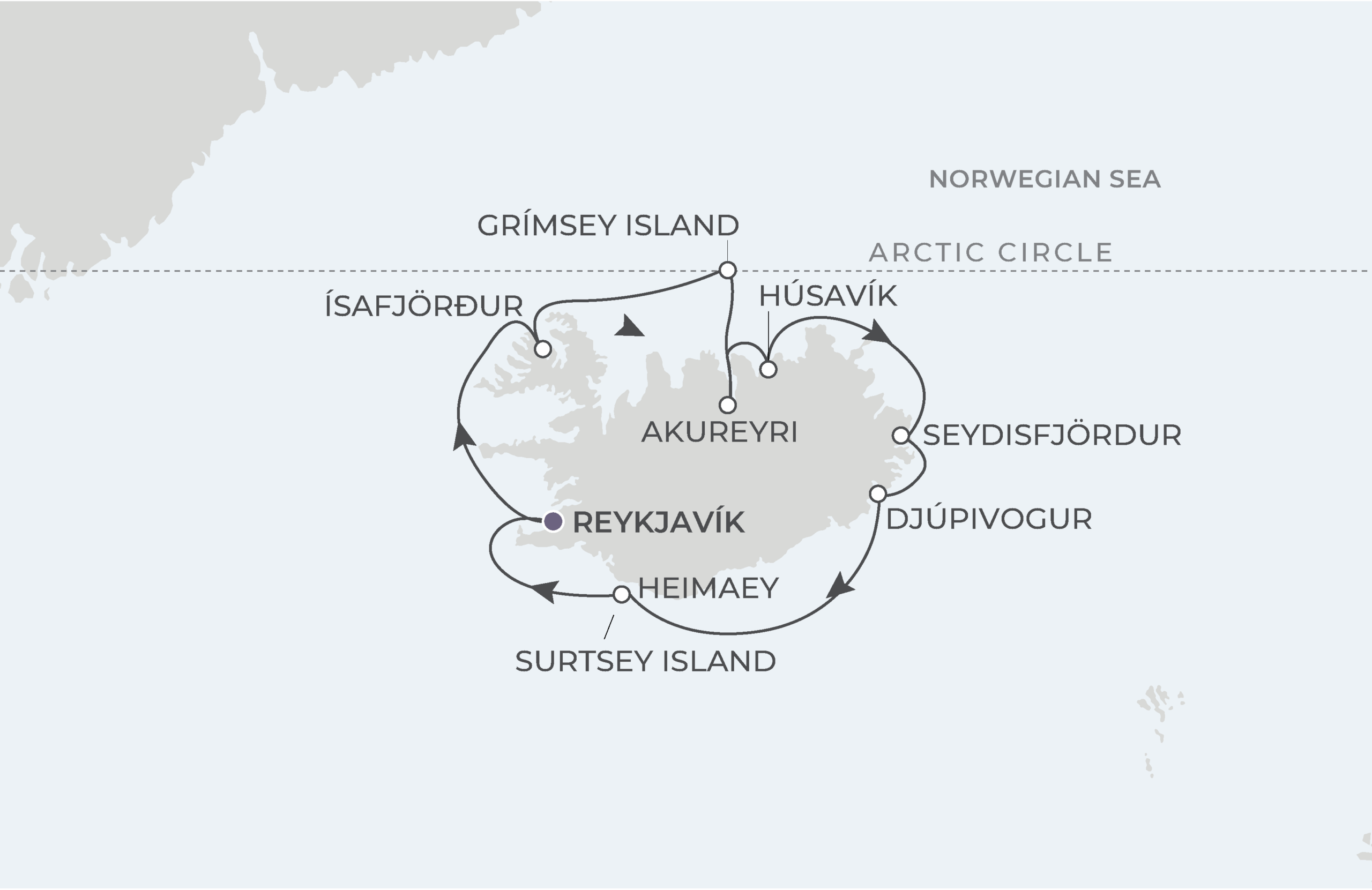 Reykjavík Roundtrip Itinerary Map