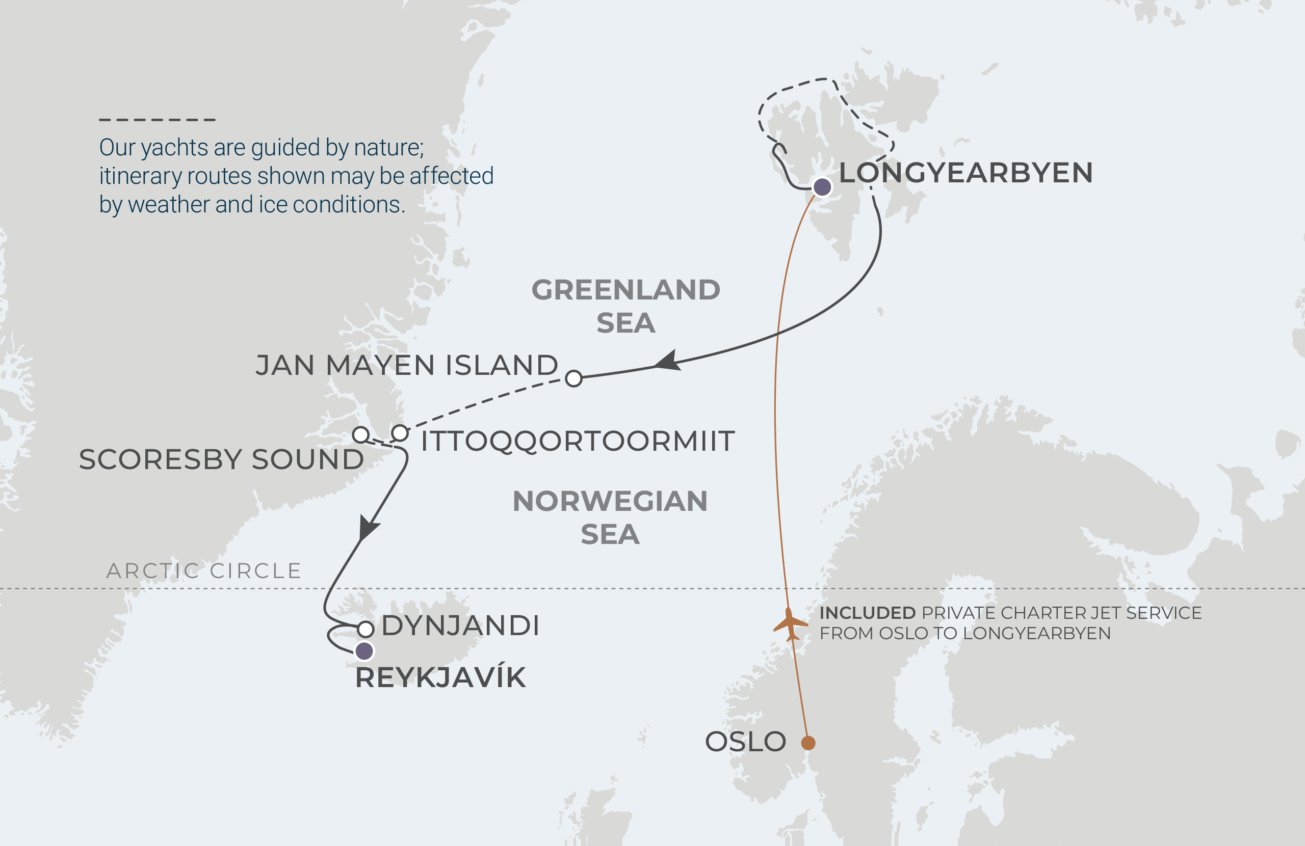 Map for Longyearbyen to Reykjavík
