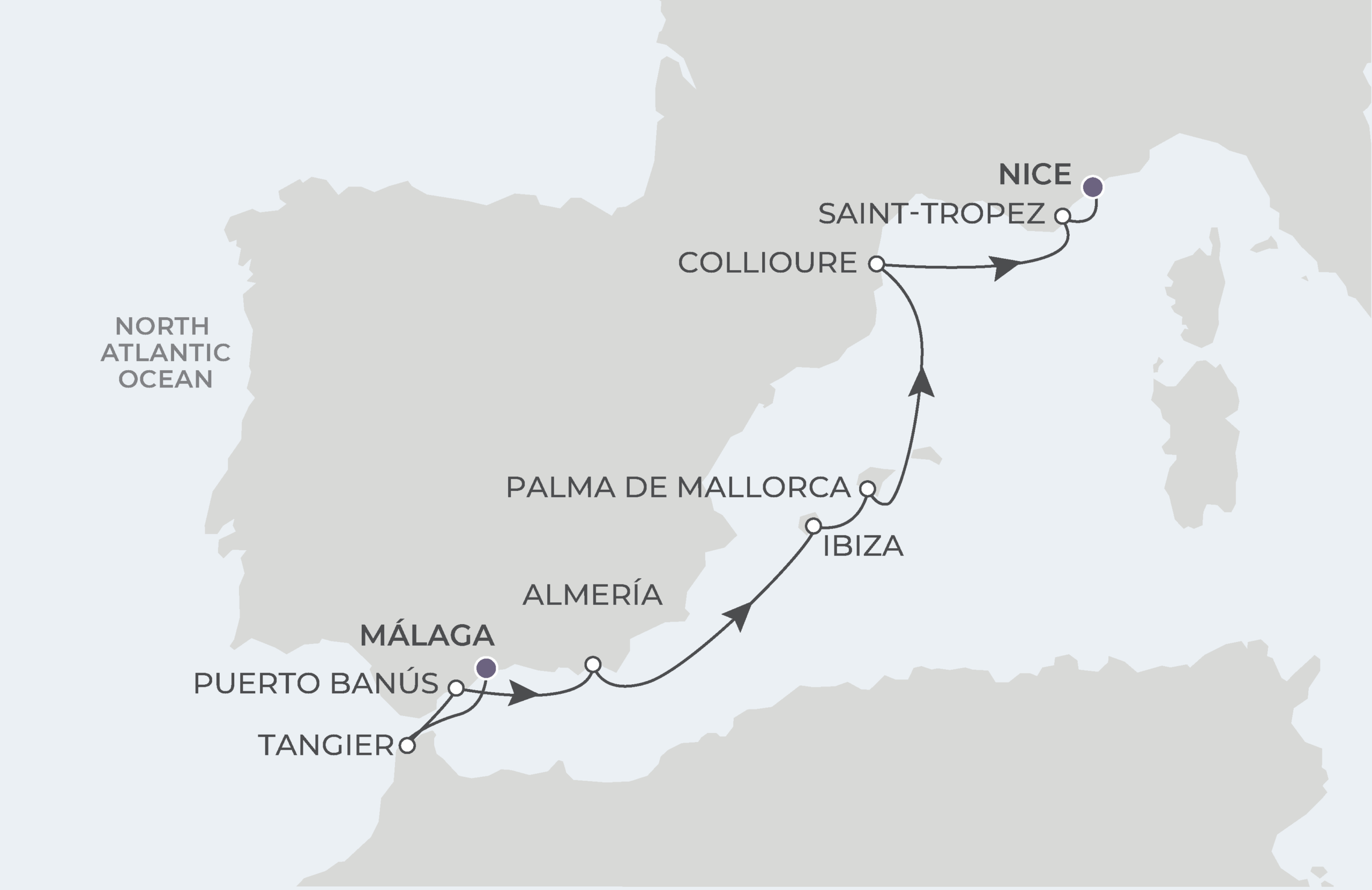 Map for Malaga to Nice