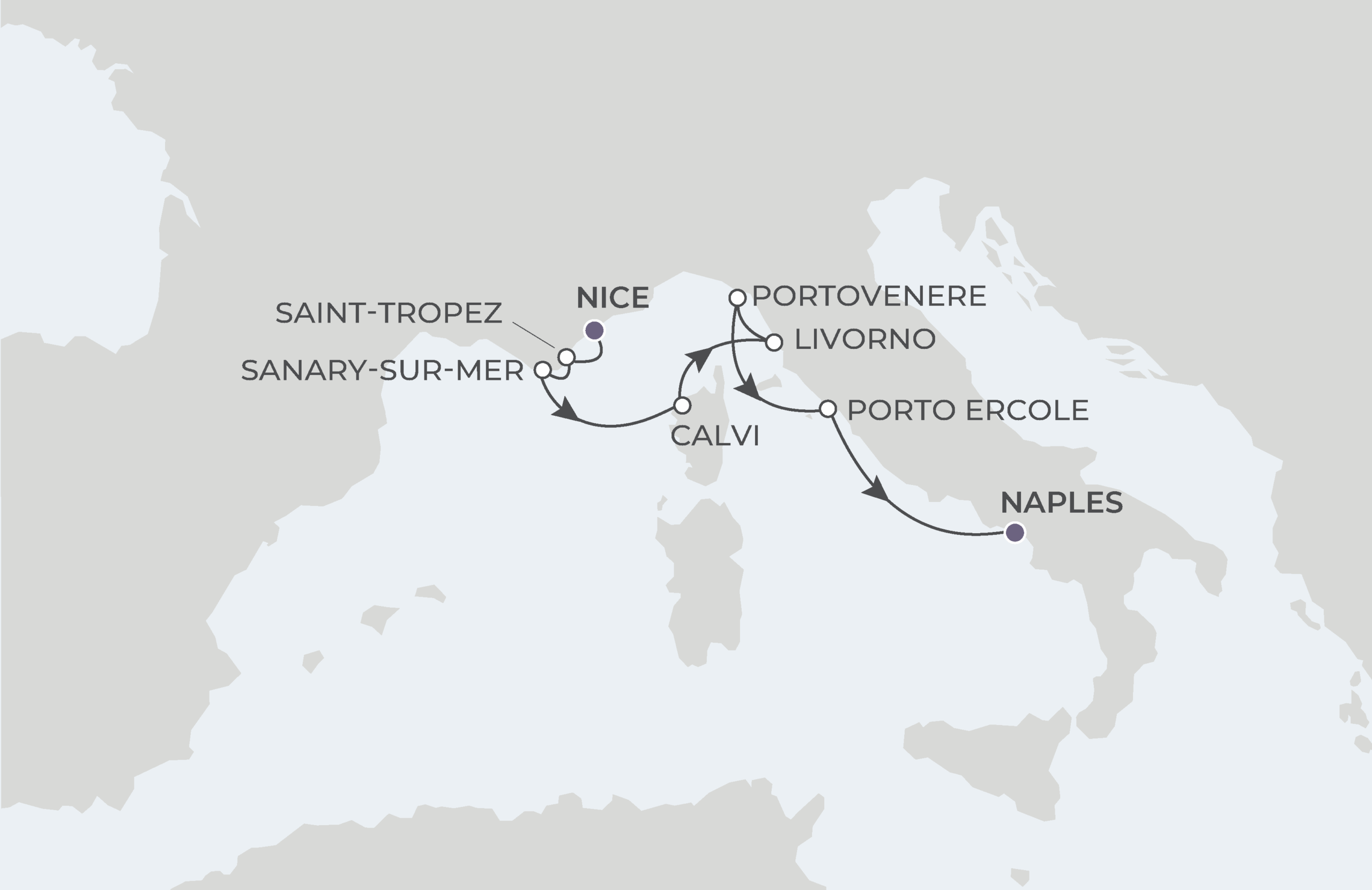 Map for Nice to Naples