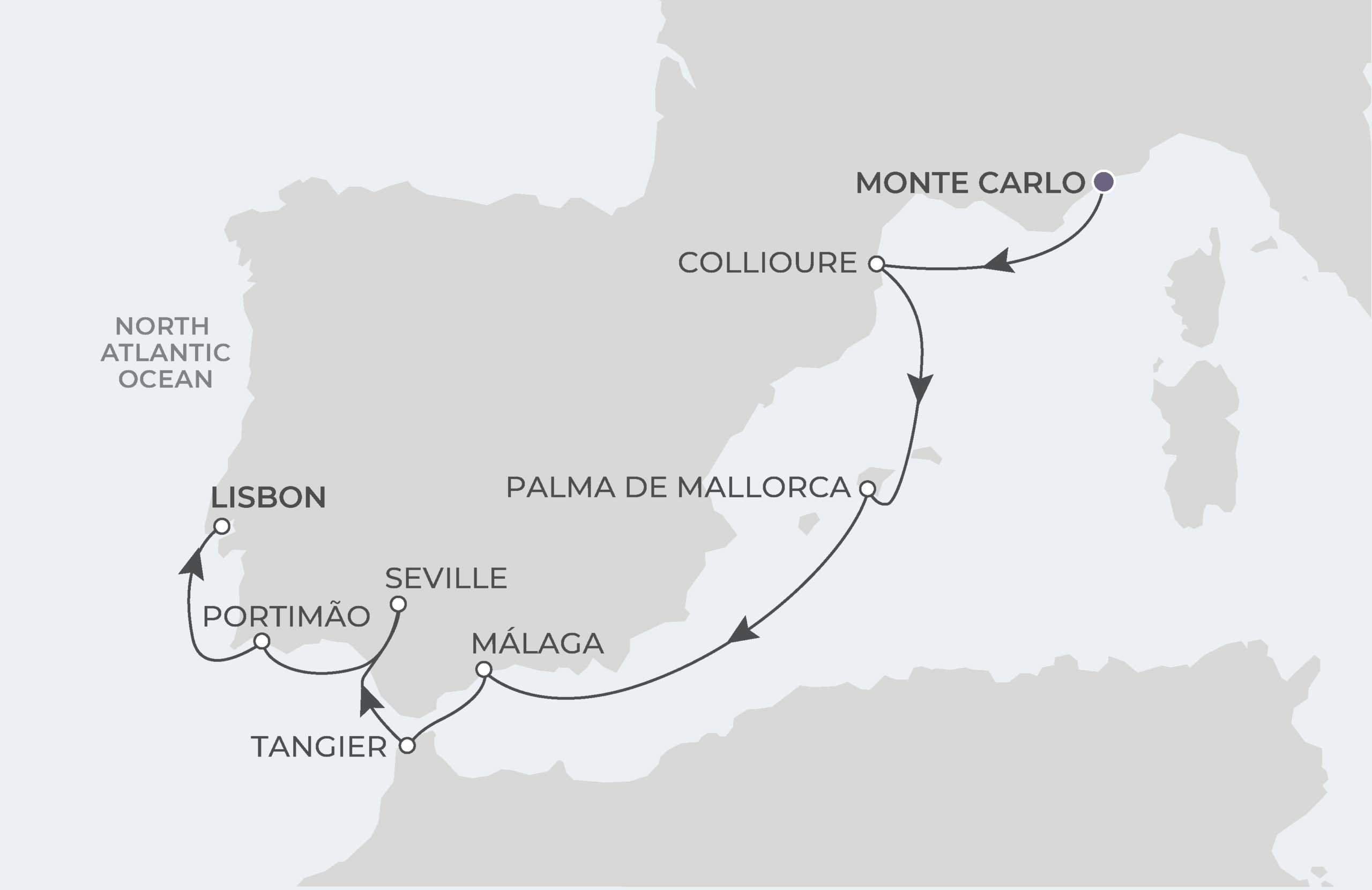 Monte Carlo to Lisbon Itinerary Map