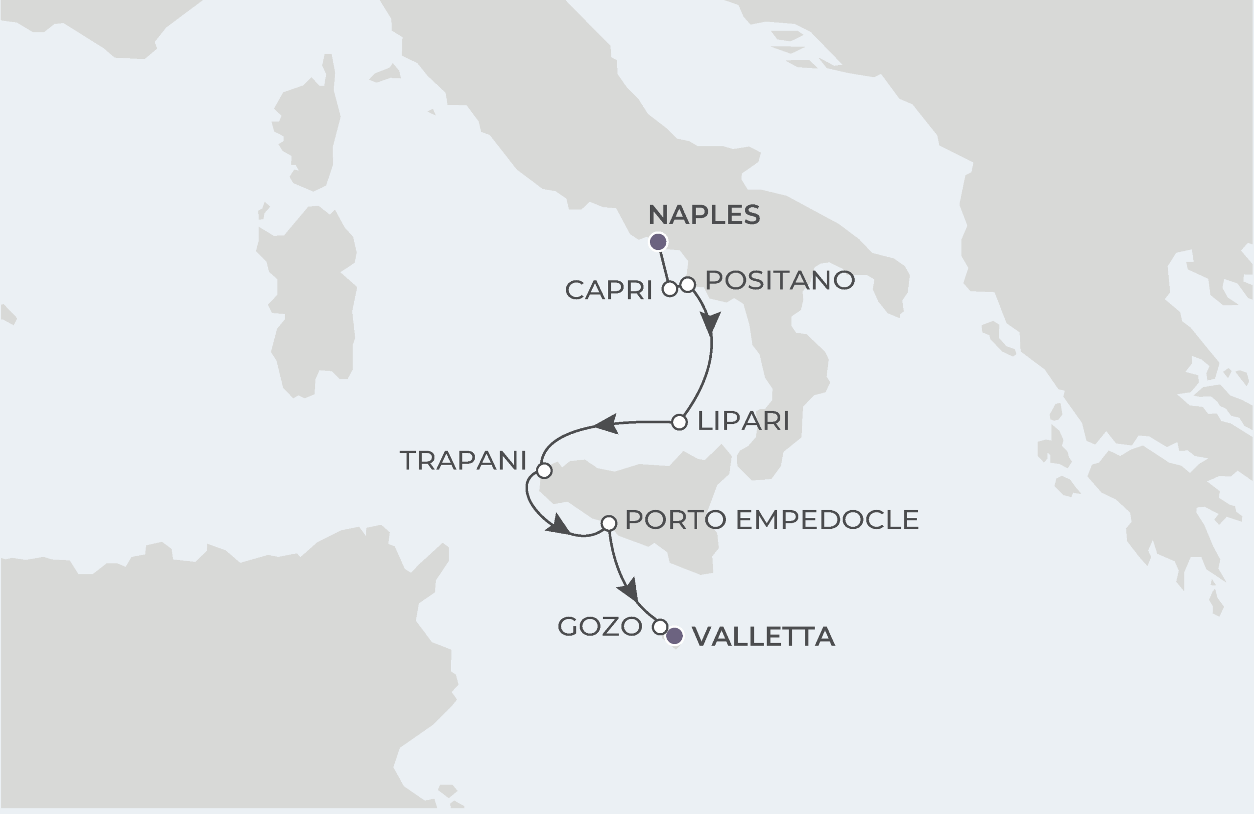 Naples to Valletta Itinerary Map