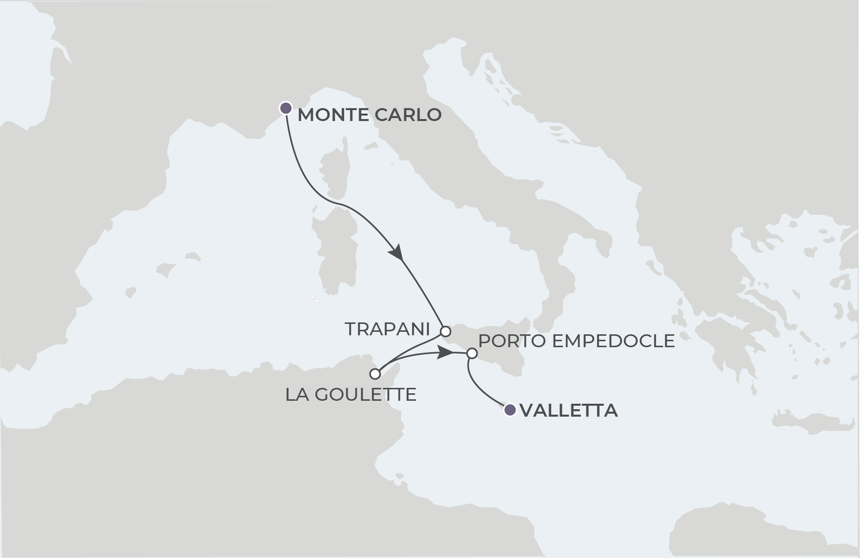 Monte Carlo to Valletta Itinerary Map