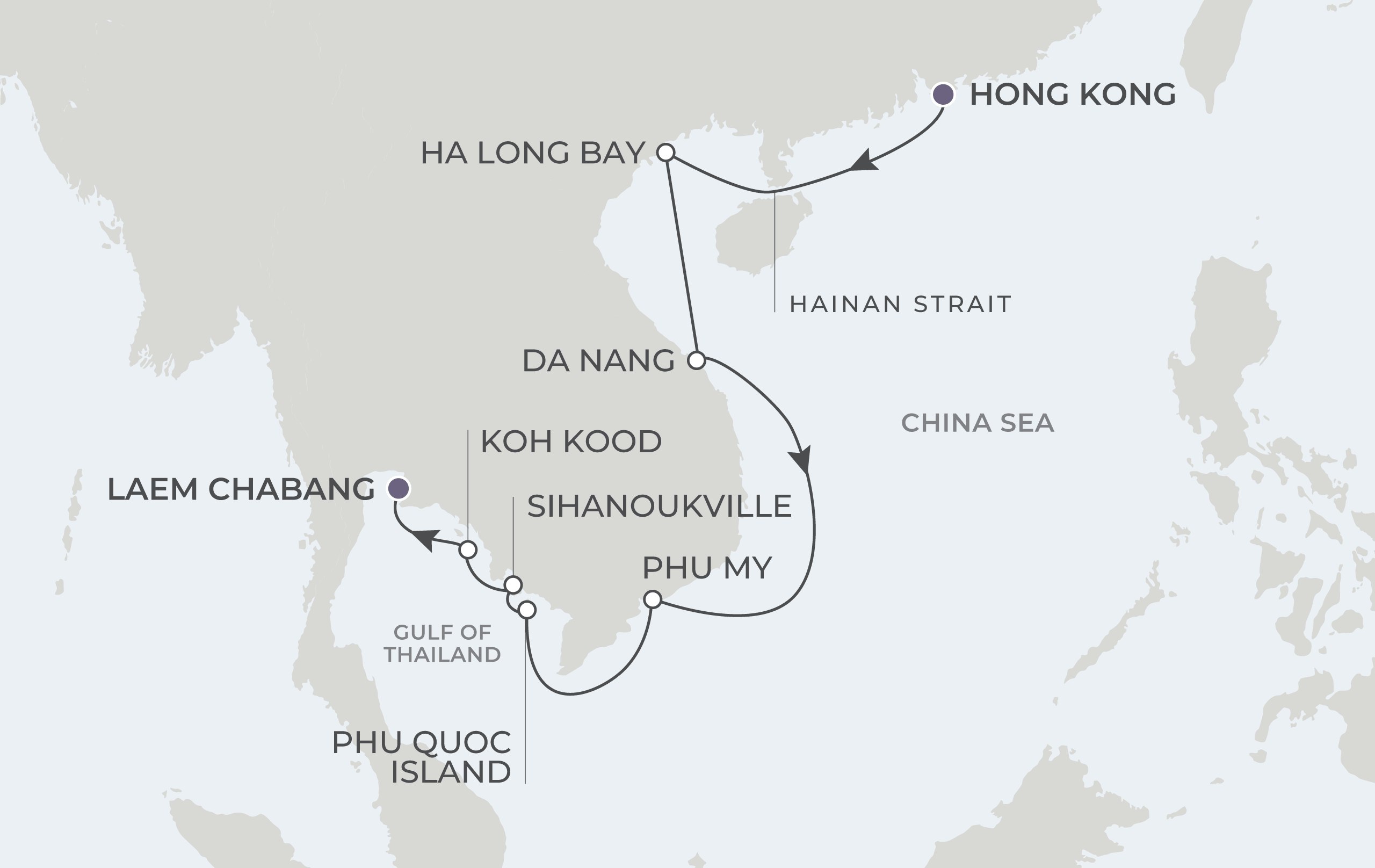 Map for South China Sojourn:  Vietnam, Cambodia & Thailand