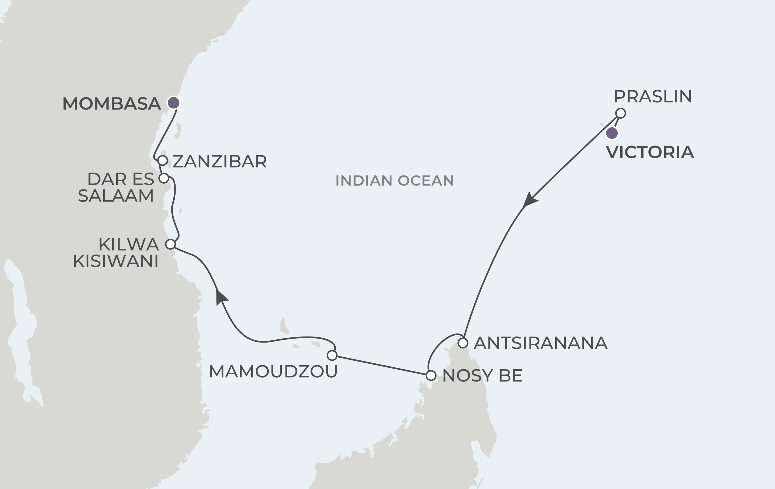 East African Isles: Seychelles, Madagascar, Tanzania & Kenya Itinerary Map