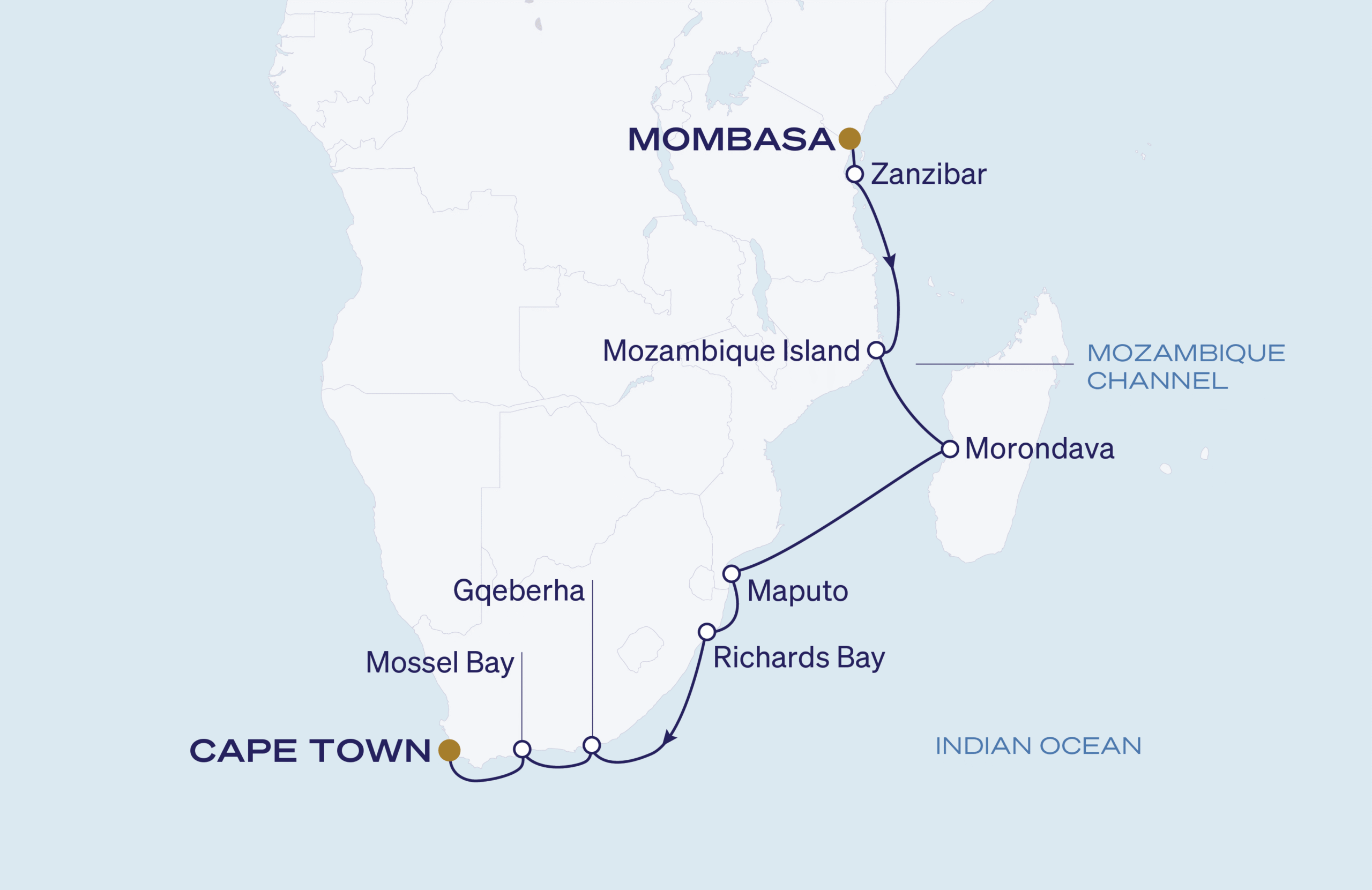 Map for Cape Currents & Safari Shores: Tanzania, Mozambique & South Africa