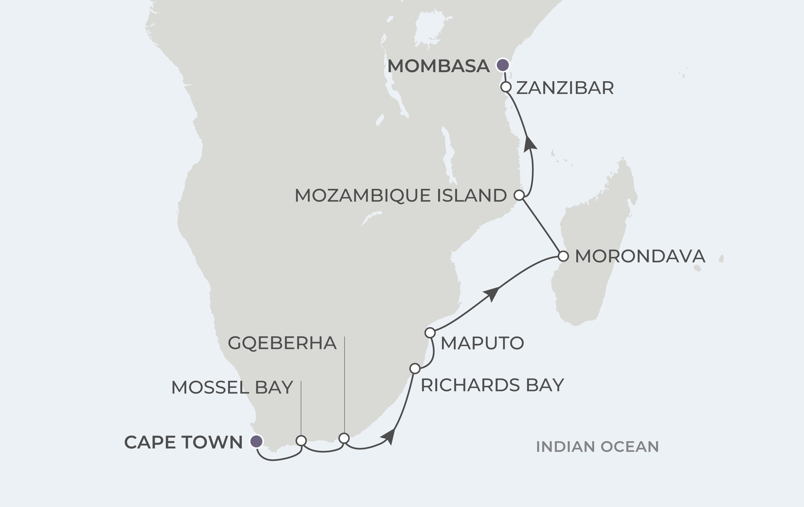Map for Cape Currents & Safari Shores: Tanzania, Mozambique & South Africa