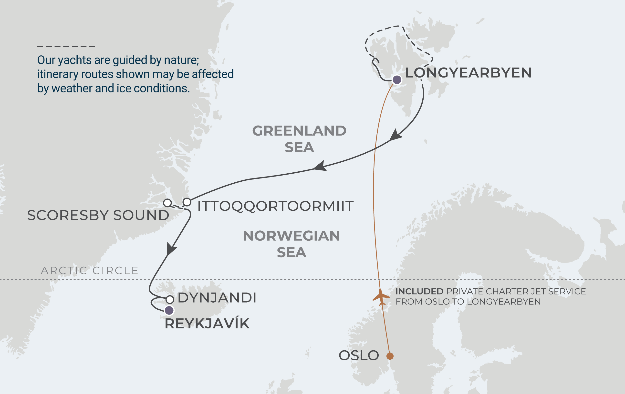 Longyearbyen to Reykjavik Itinerary Map