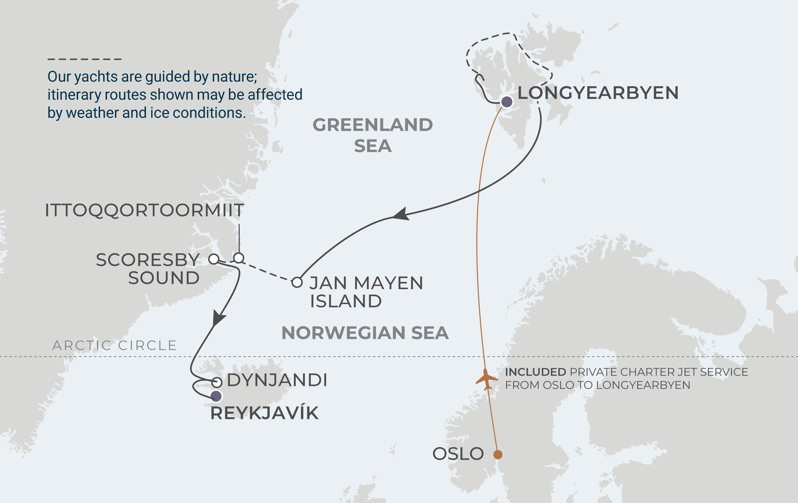Longyearbyen to Reykjavik Itinerary Map