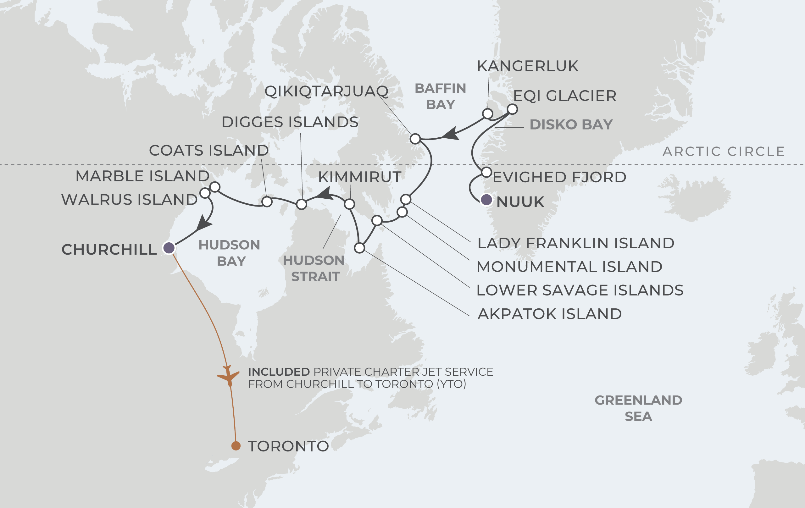 Nuuk to Churchill Itinerary Map