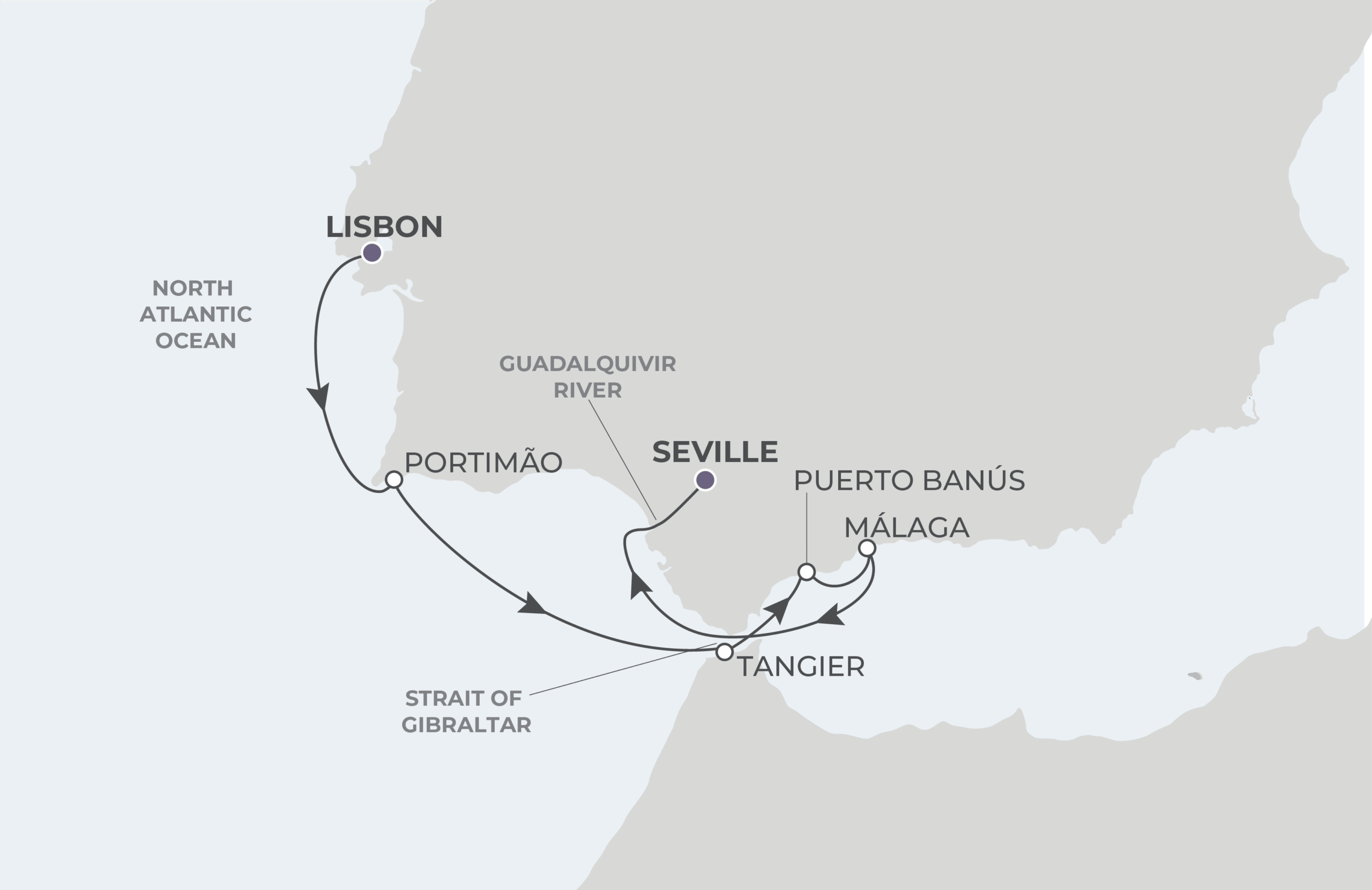 Map for Lisbon to Seville