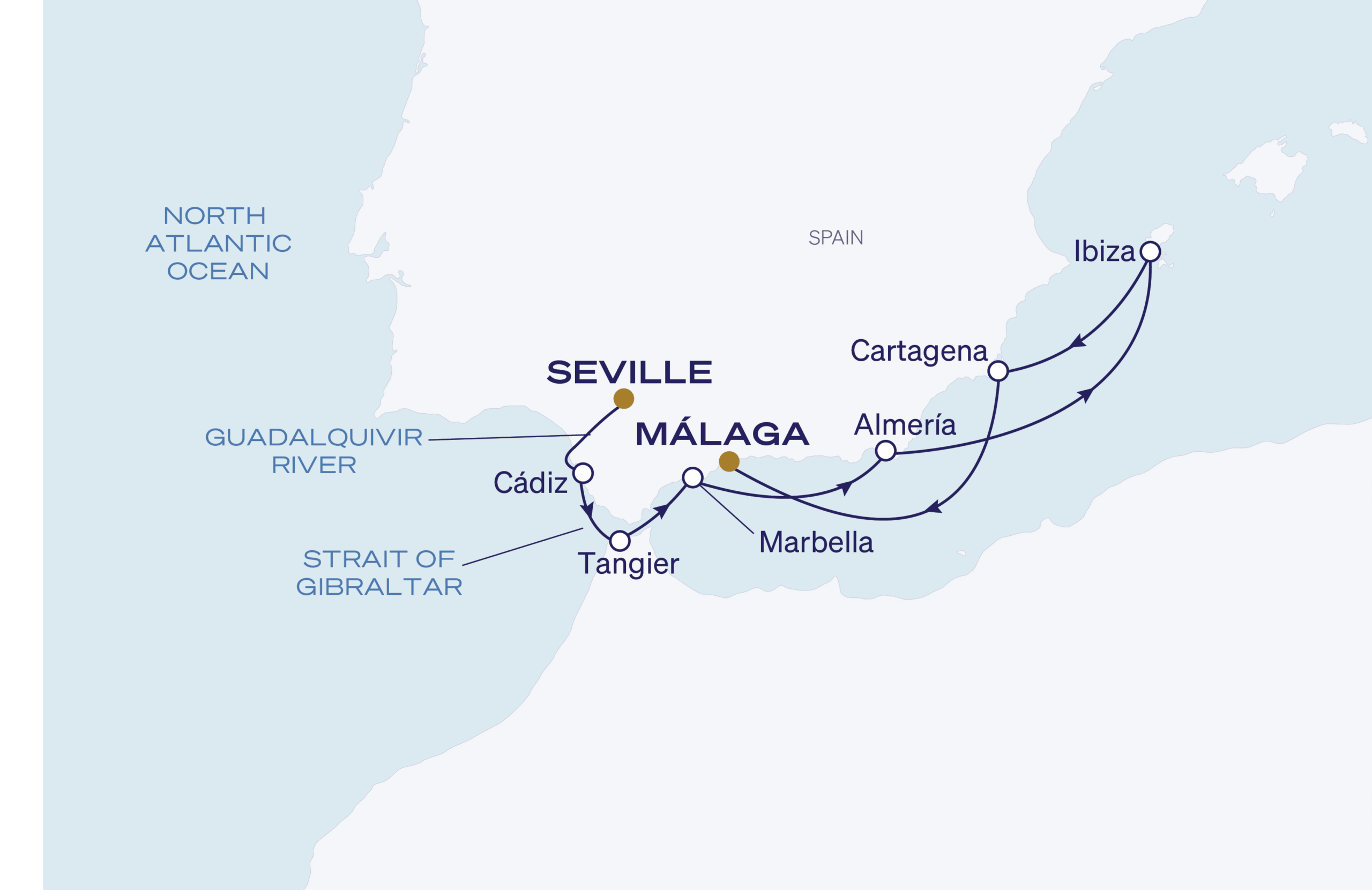 Map for Seville to Malaga