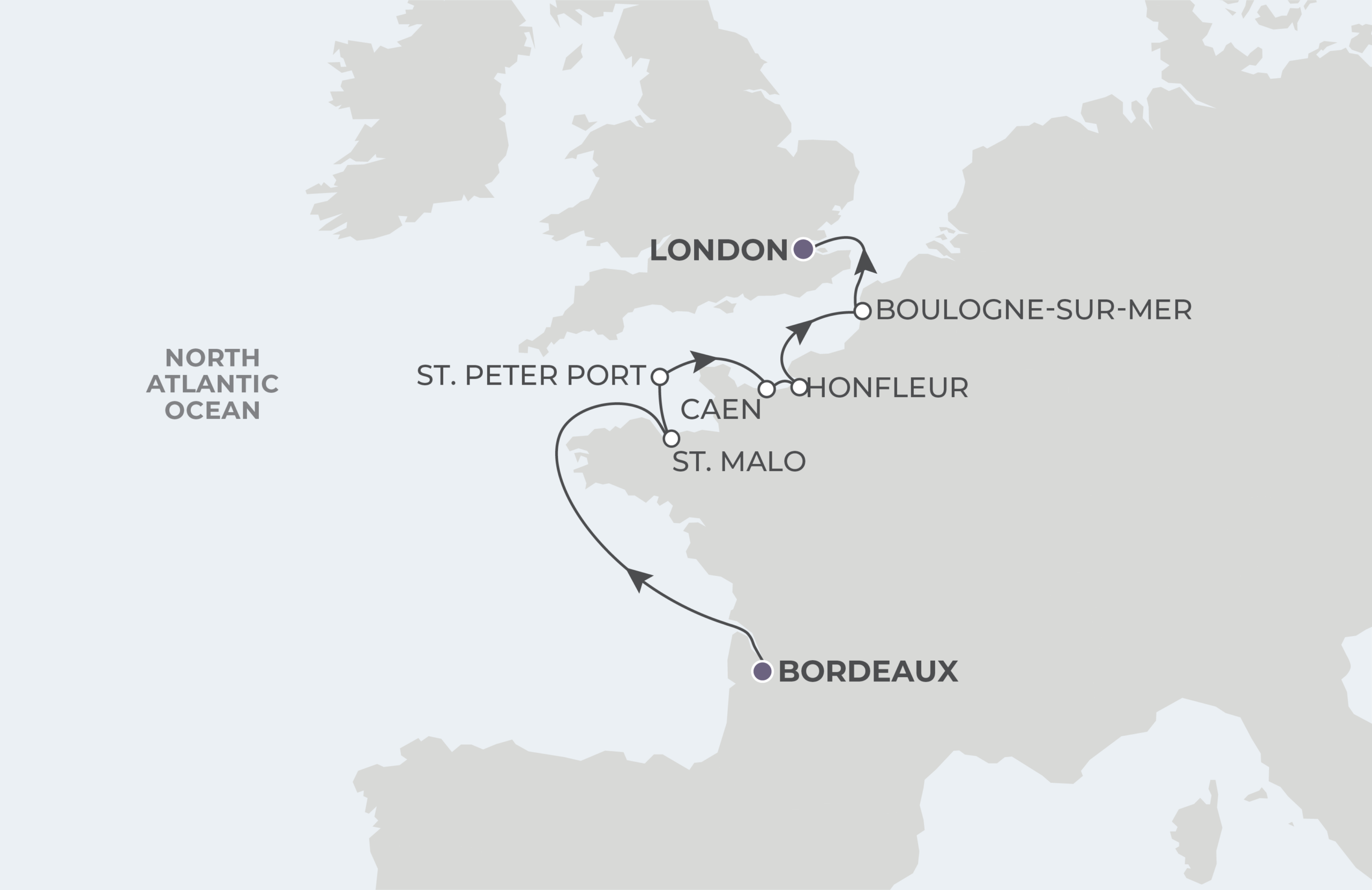 Bordeaux  to London Itinerary Map