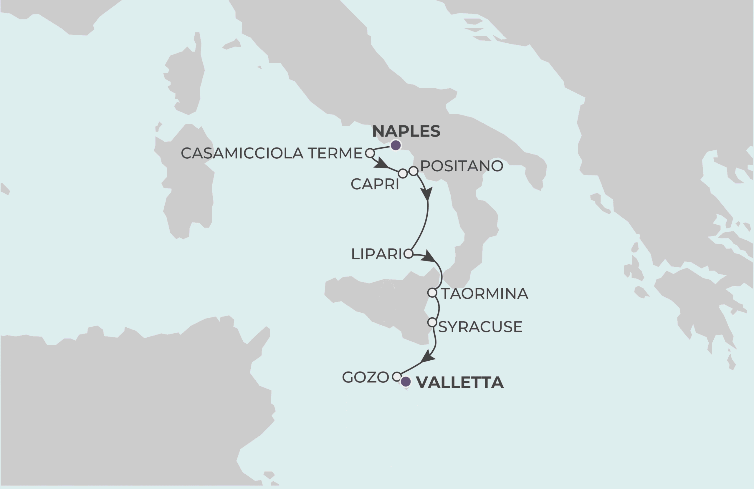 Naples to Valletta Itinerary Map