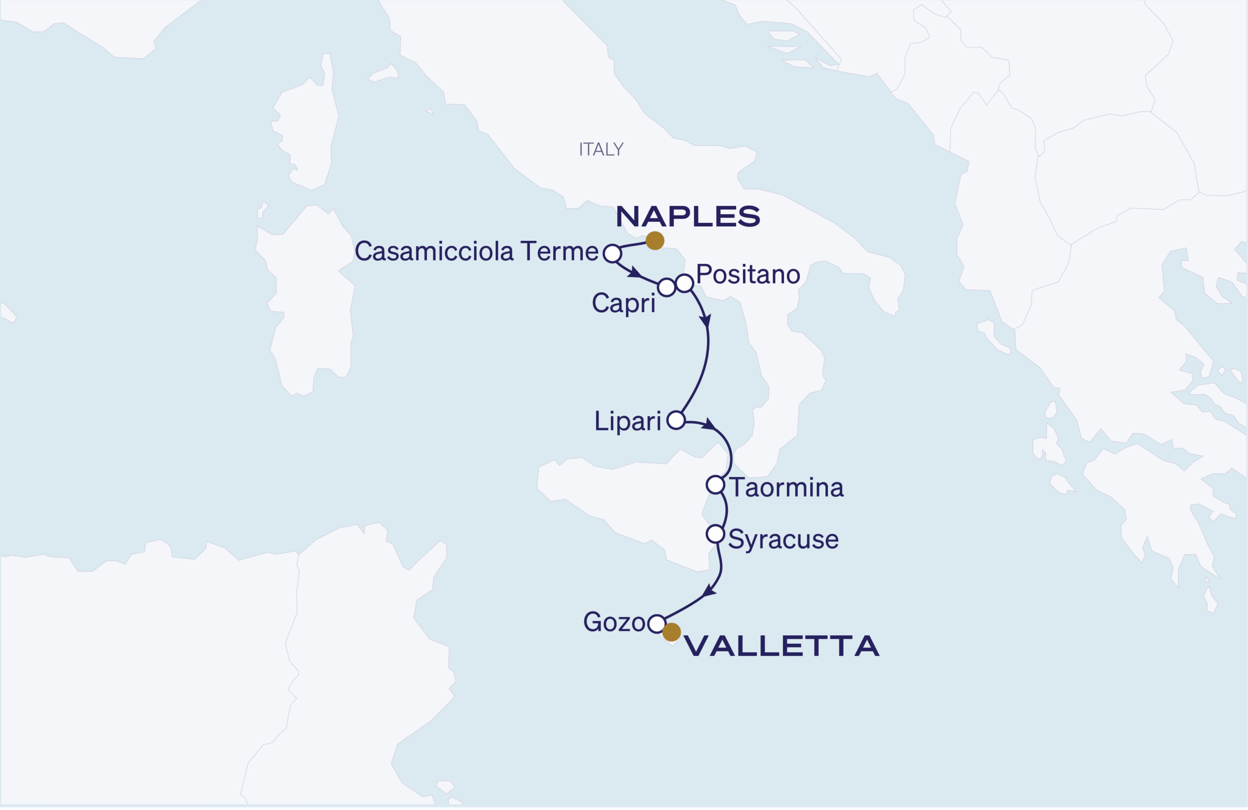Map for Naples to Valletta