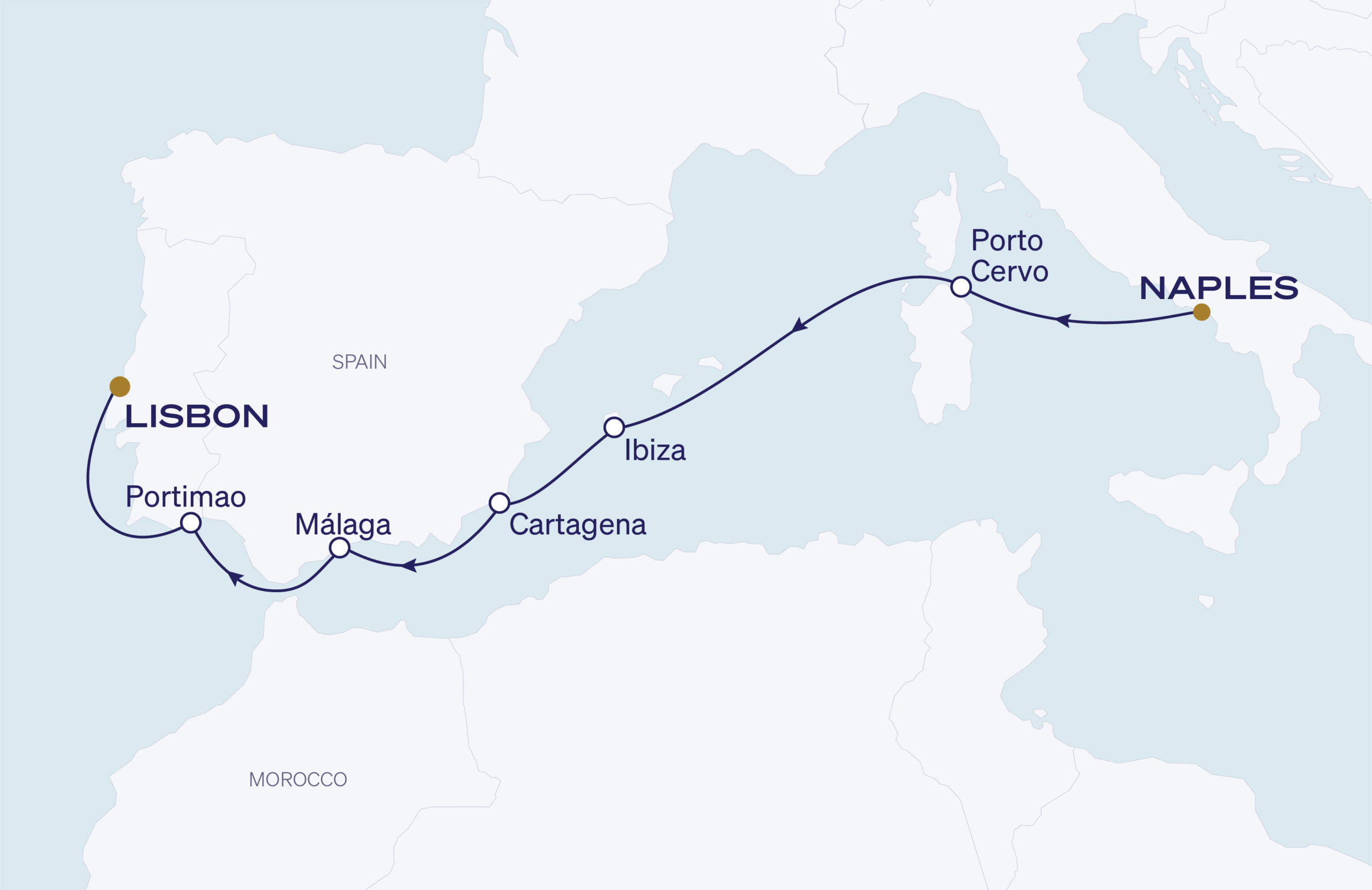 Map for Naples to Lisbon