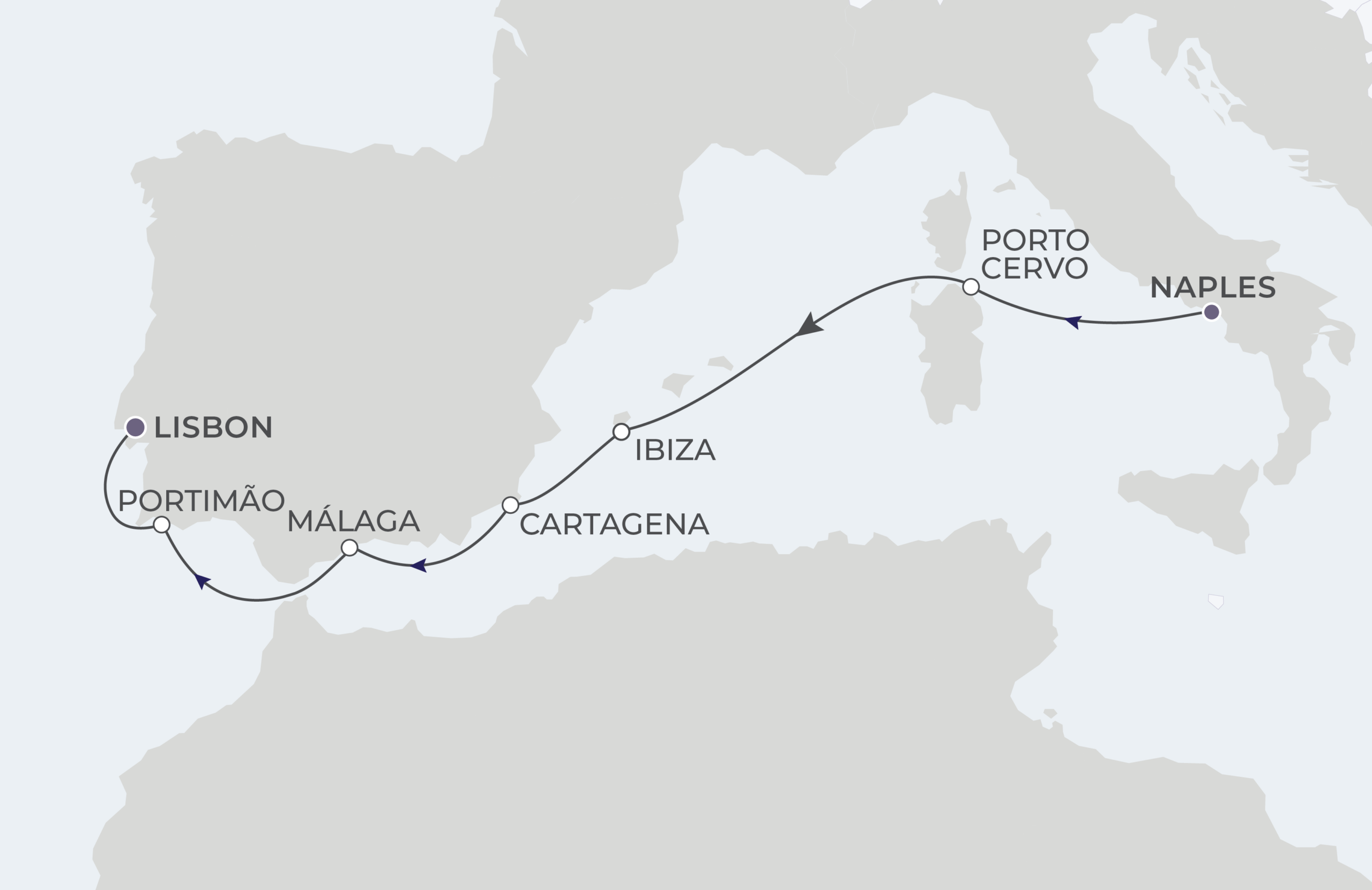Map for Naples to Lisbon