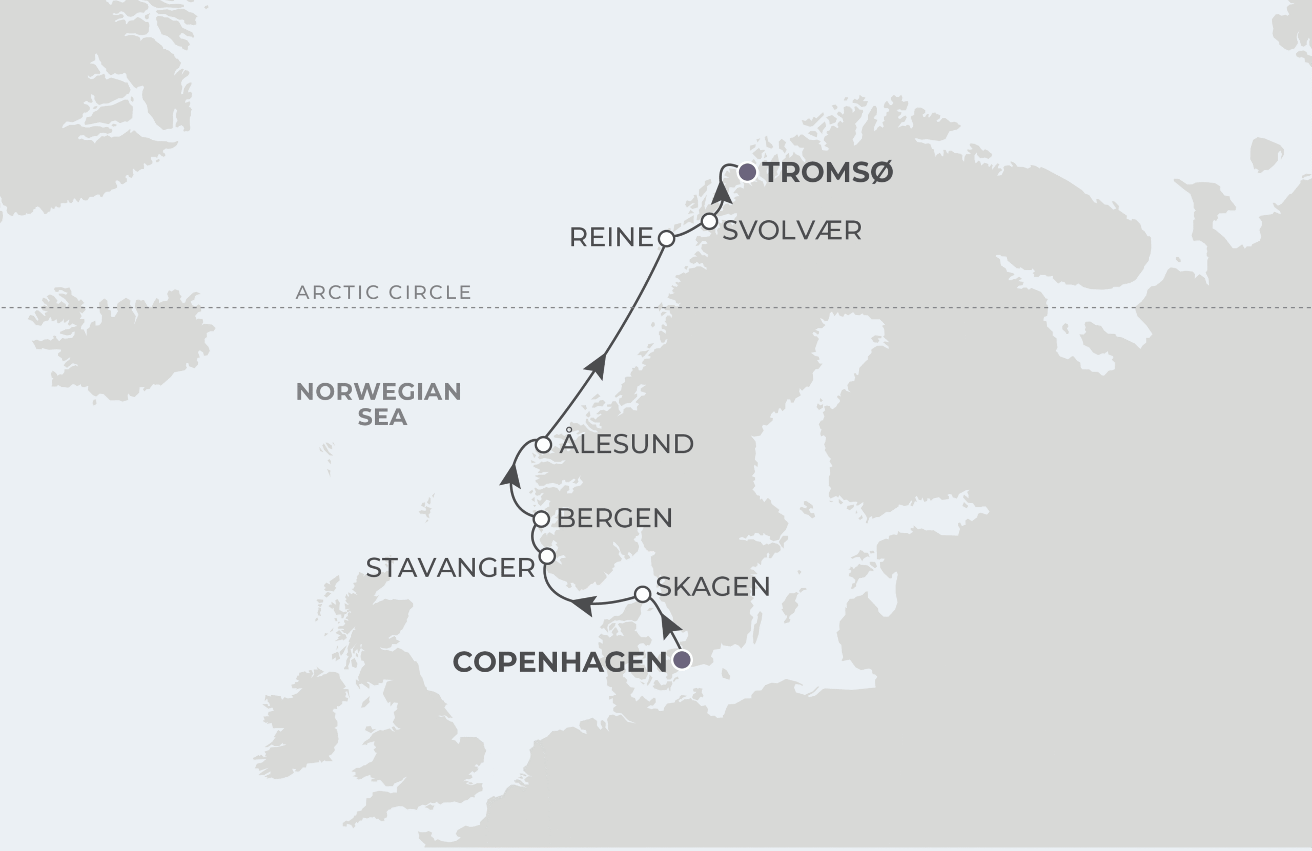 Map for Copenhagen To Tromsø