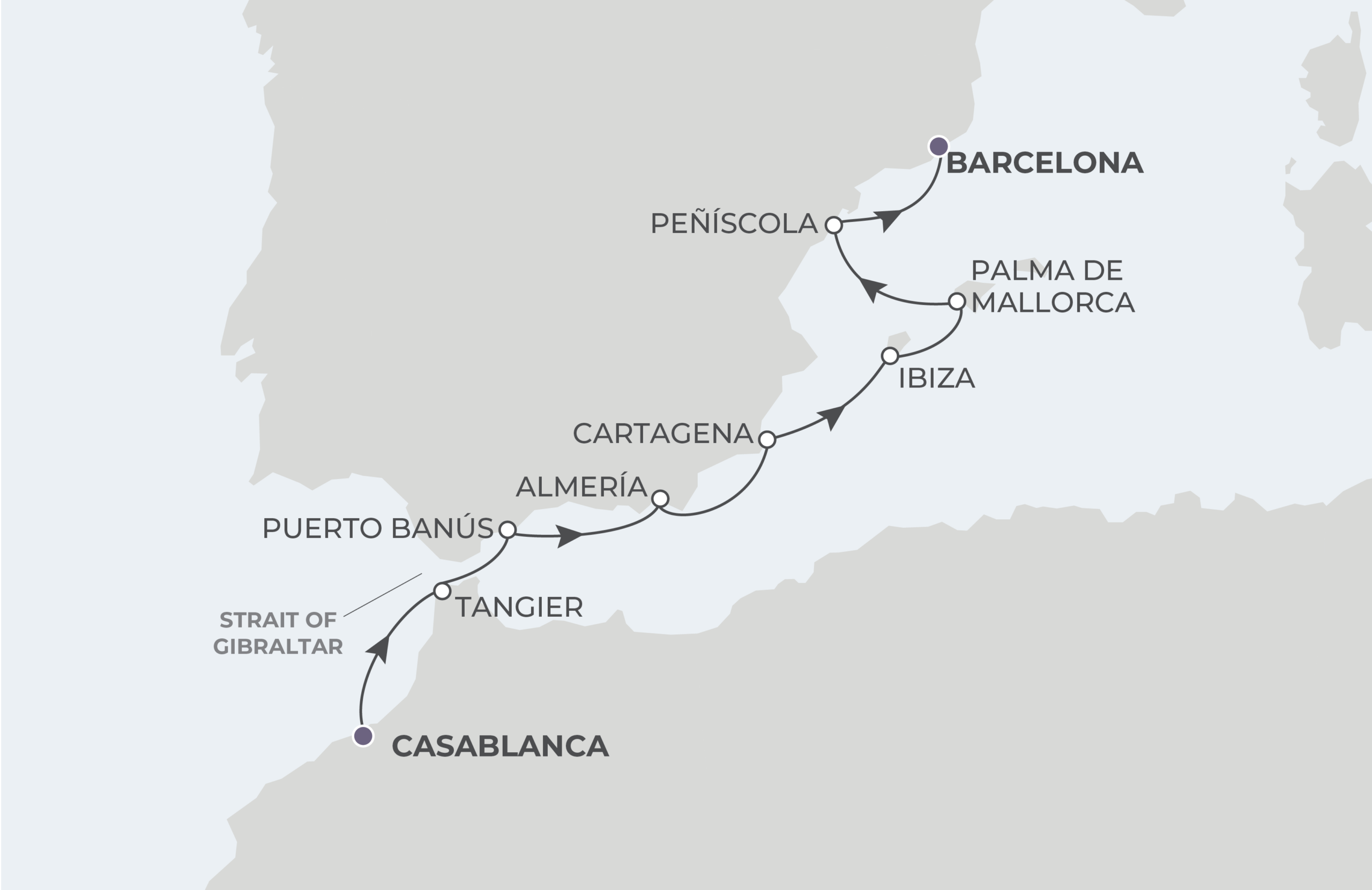 Map for Casablanca to Barcelona