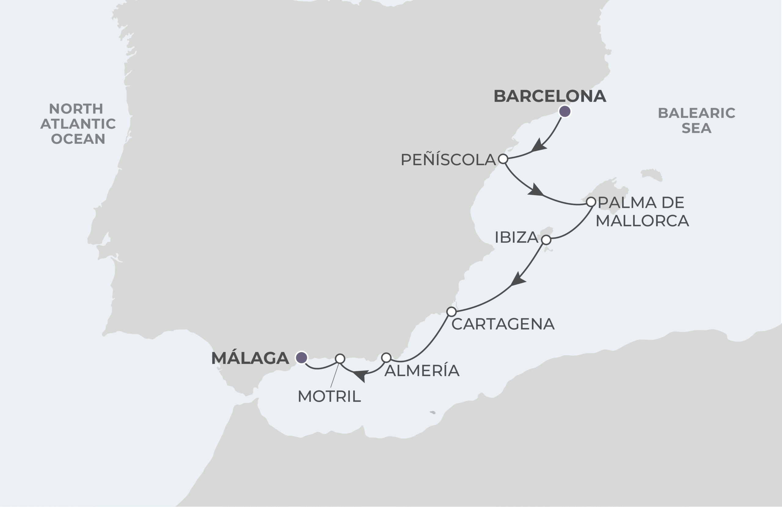 Map for Barcelona to Malaga