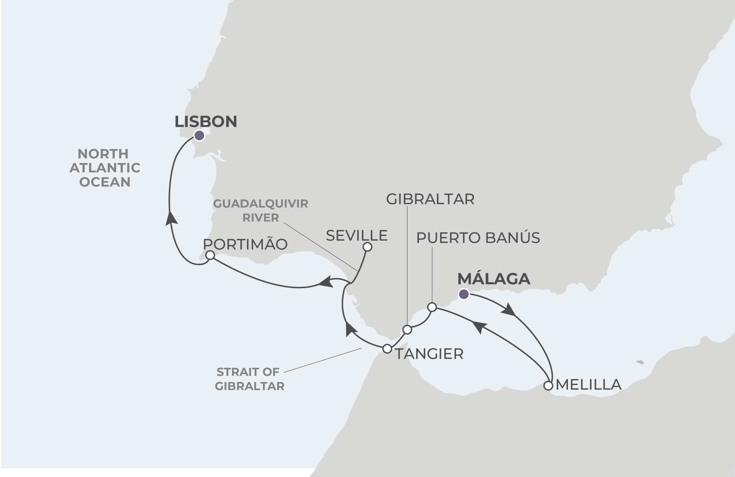 Map for Malaga to Lisbon