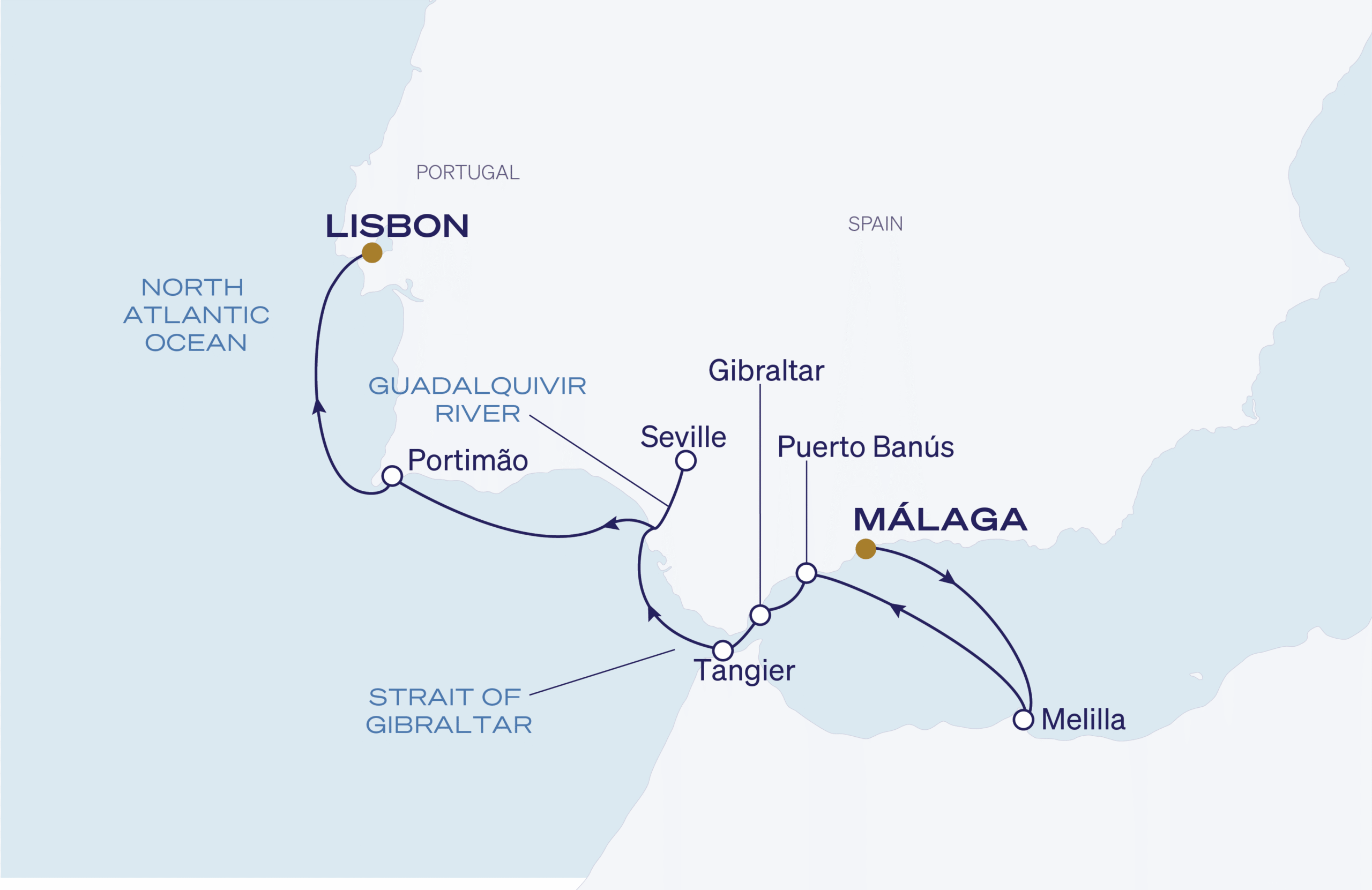 Map for Malaga to Lisbon