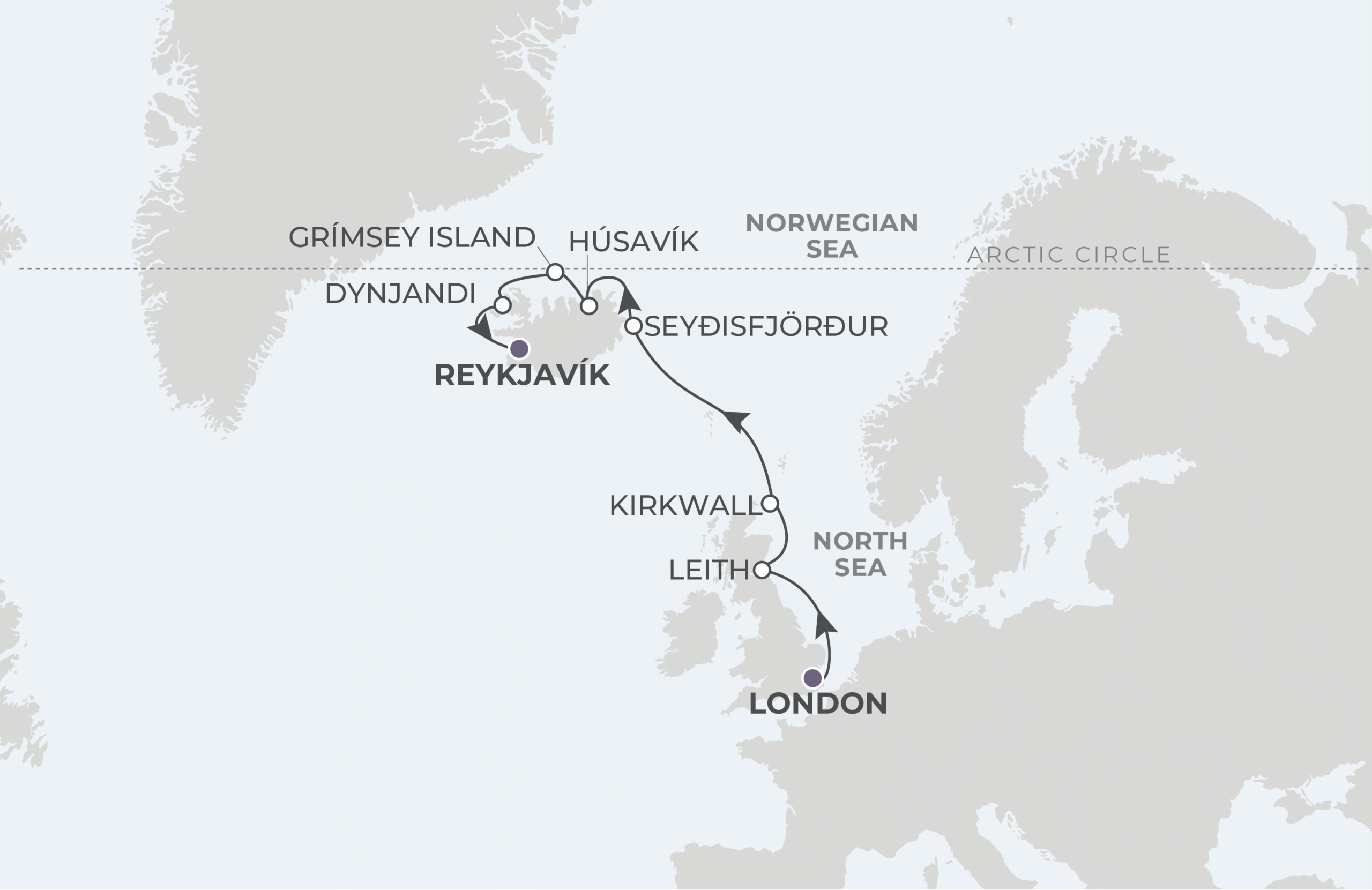 Map for London to Reykjavik