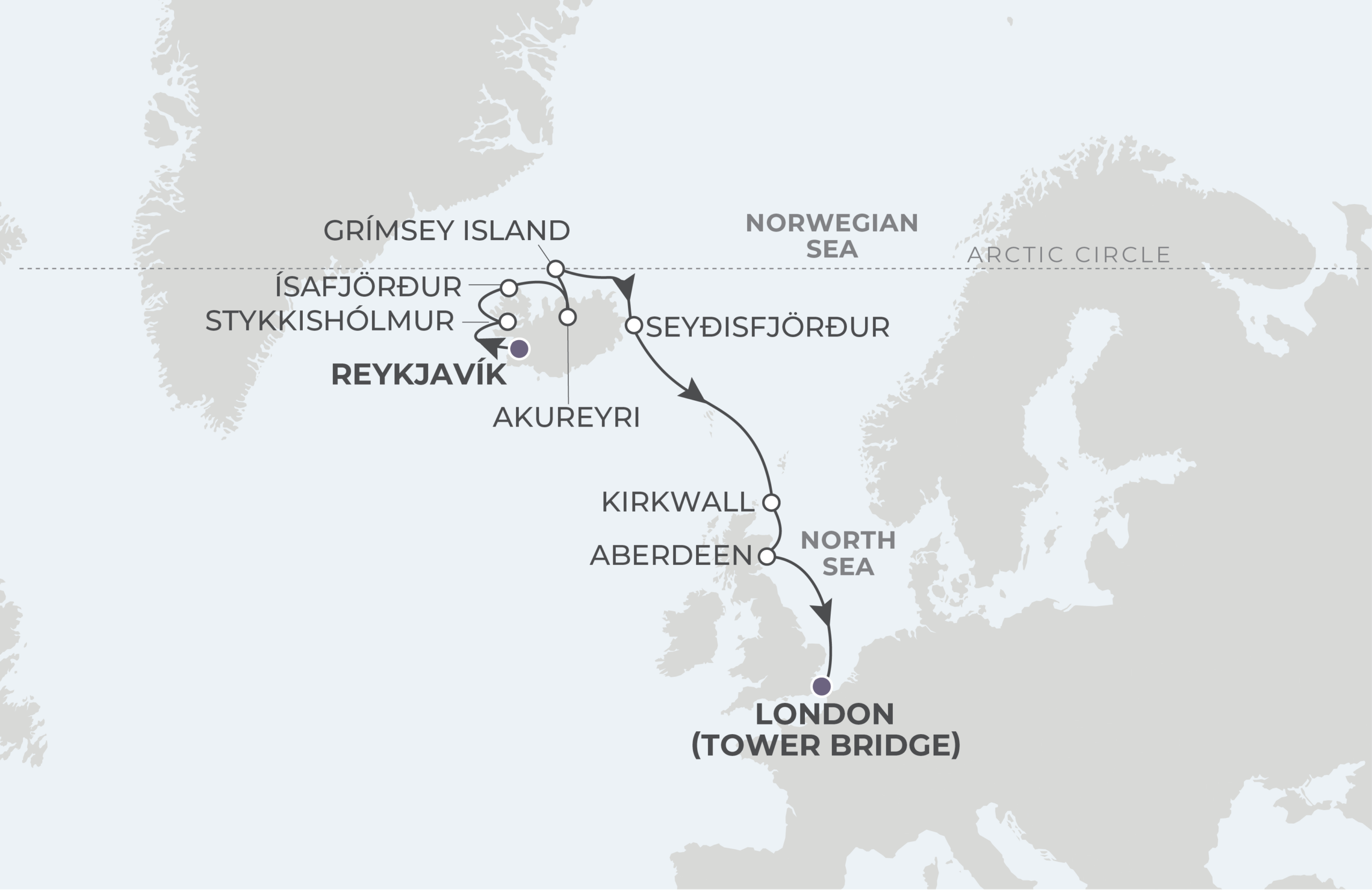 Map for Reykjavik to London