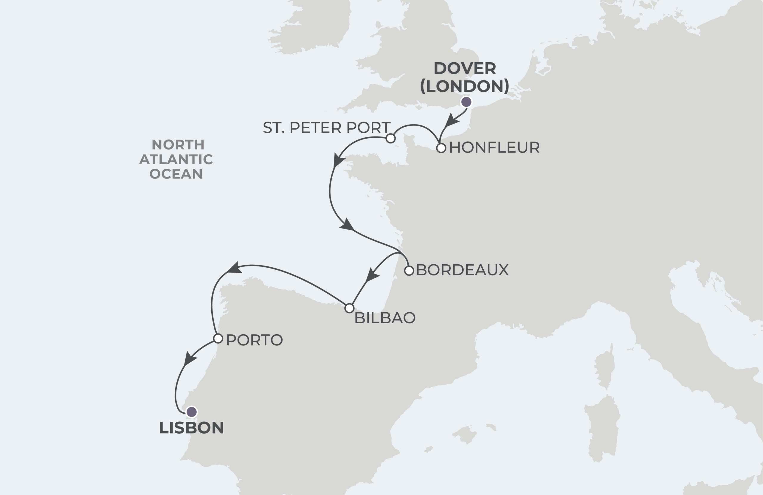Dover to Lisbon Itinerary Map