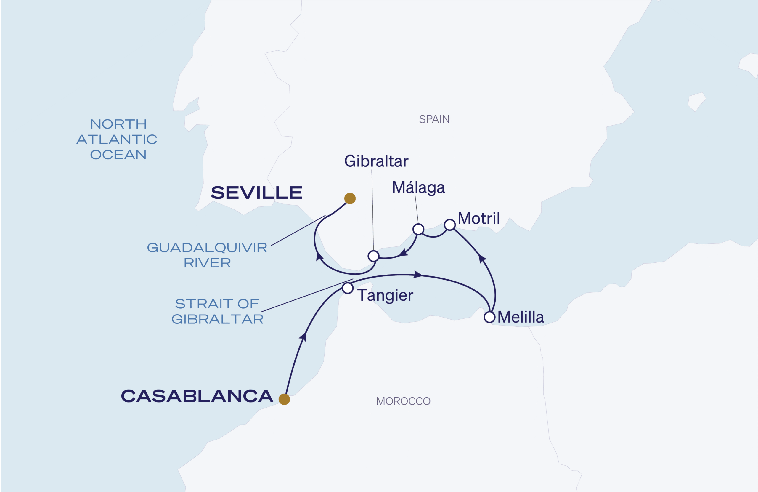Casablanca to Seville Itinerary Map