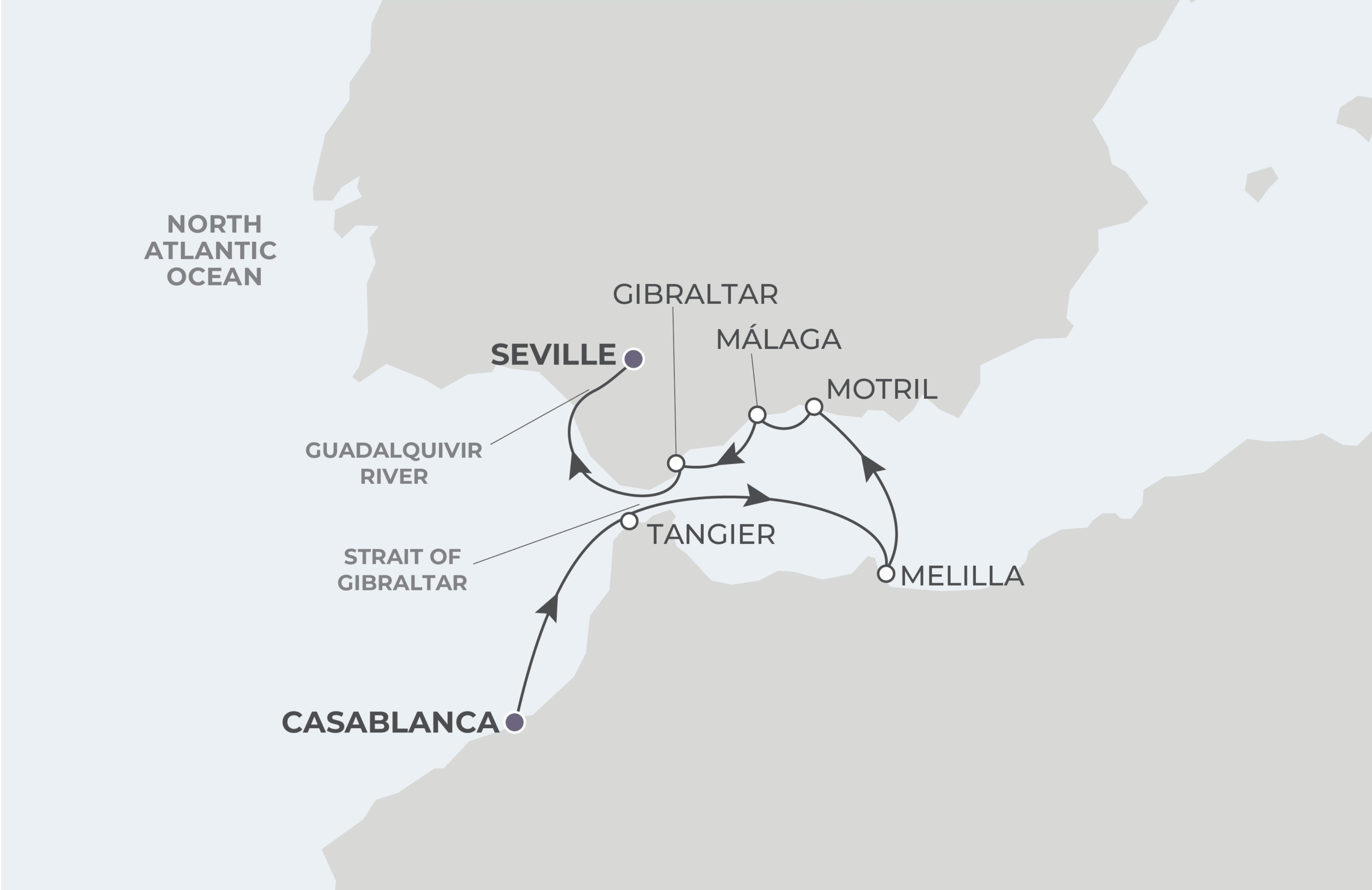 Casablanca to Seville Itinerary Map