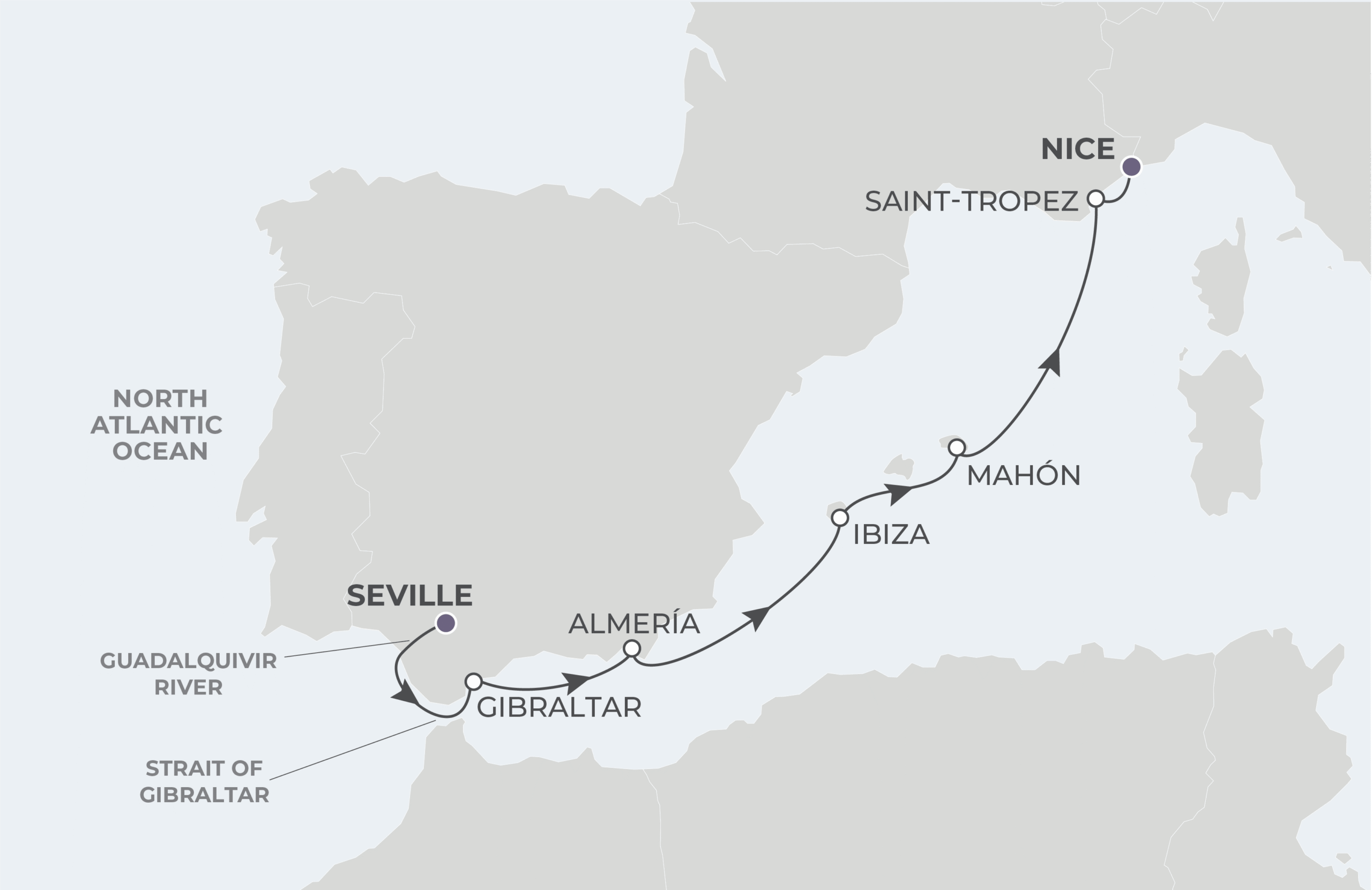 Map for Seville to Nice