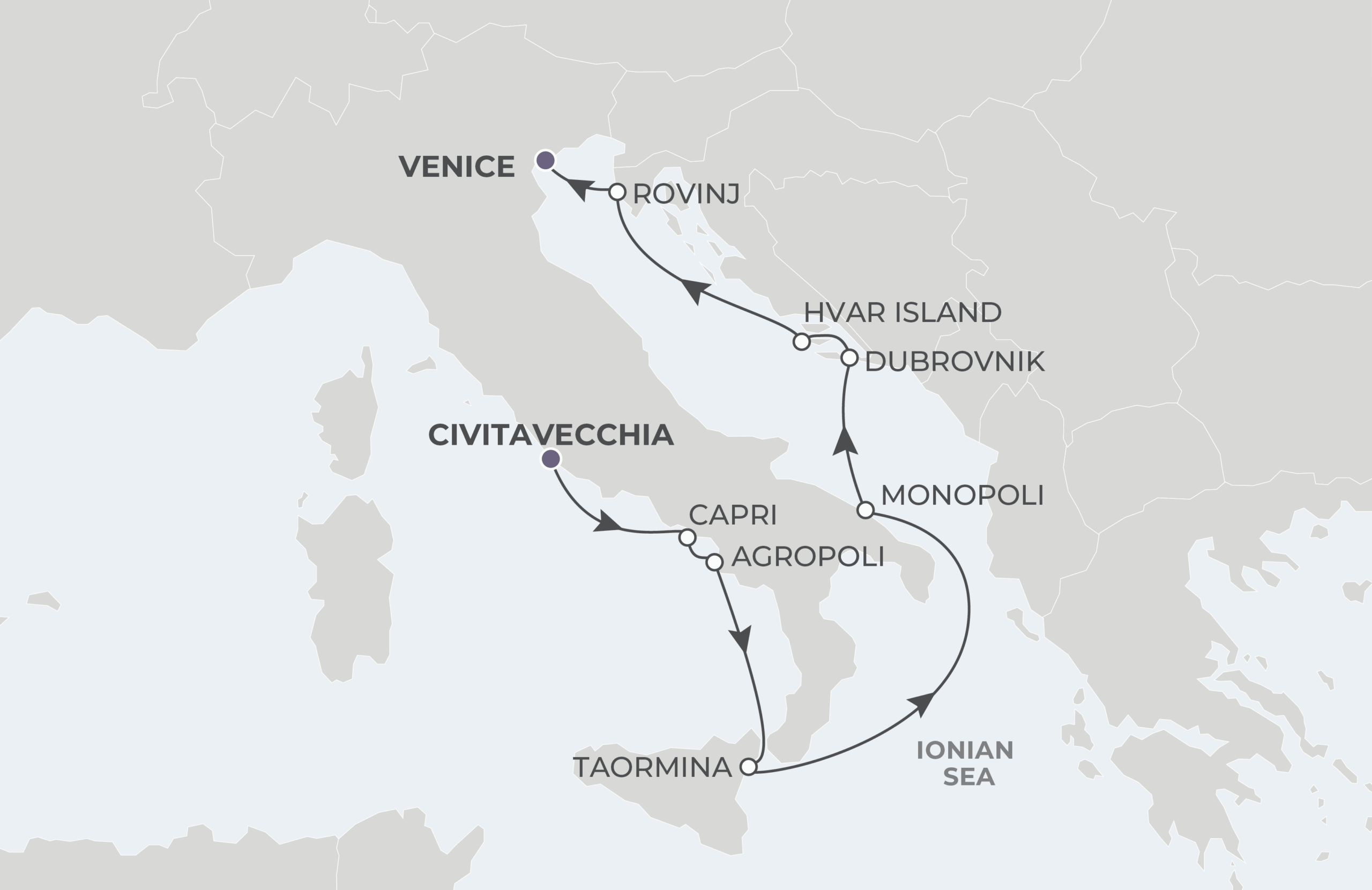 Map for Rome to Venice