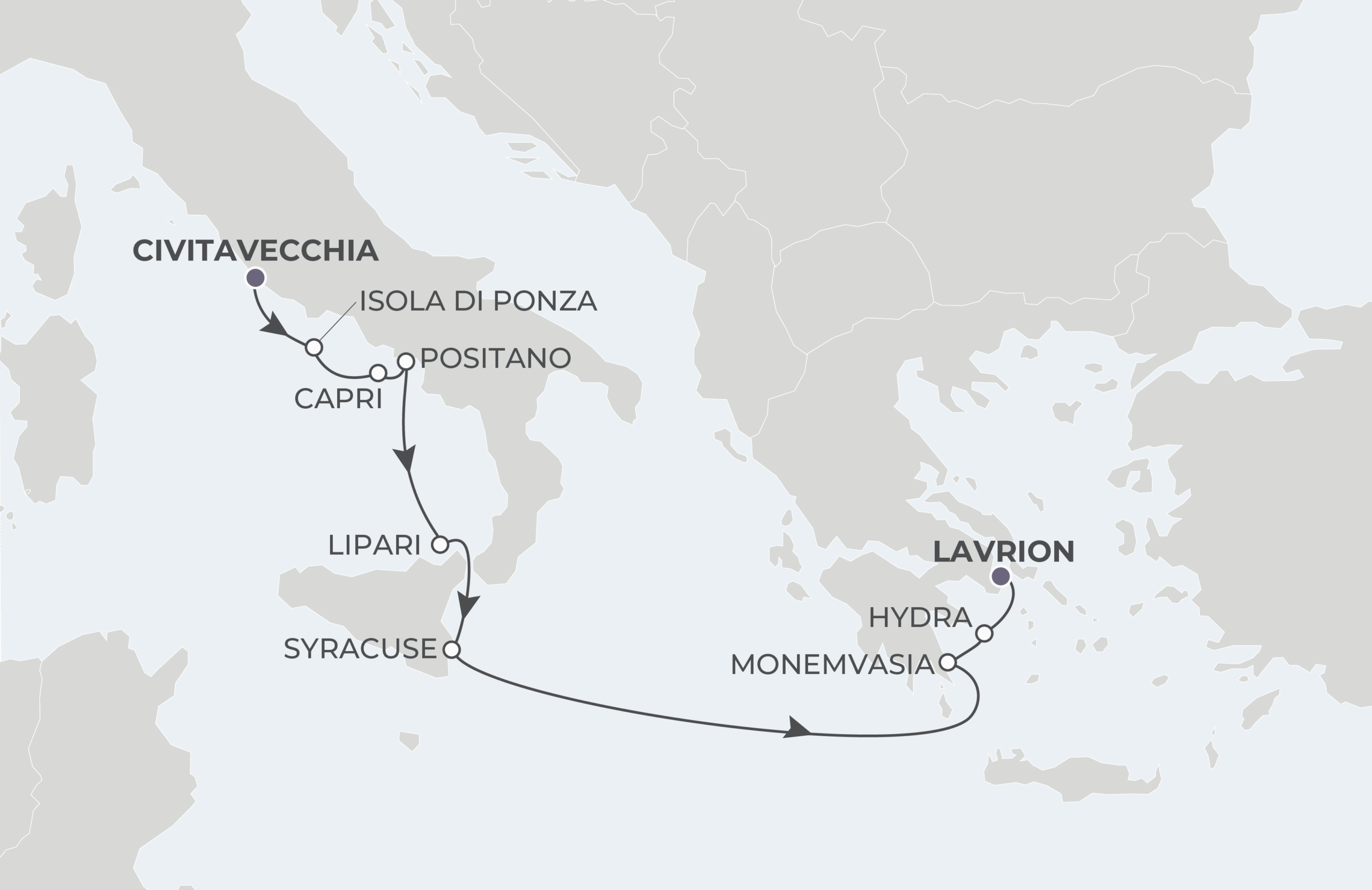 Civitavecchia to Lavrion Itinerary Map