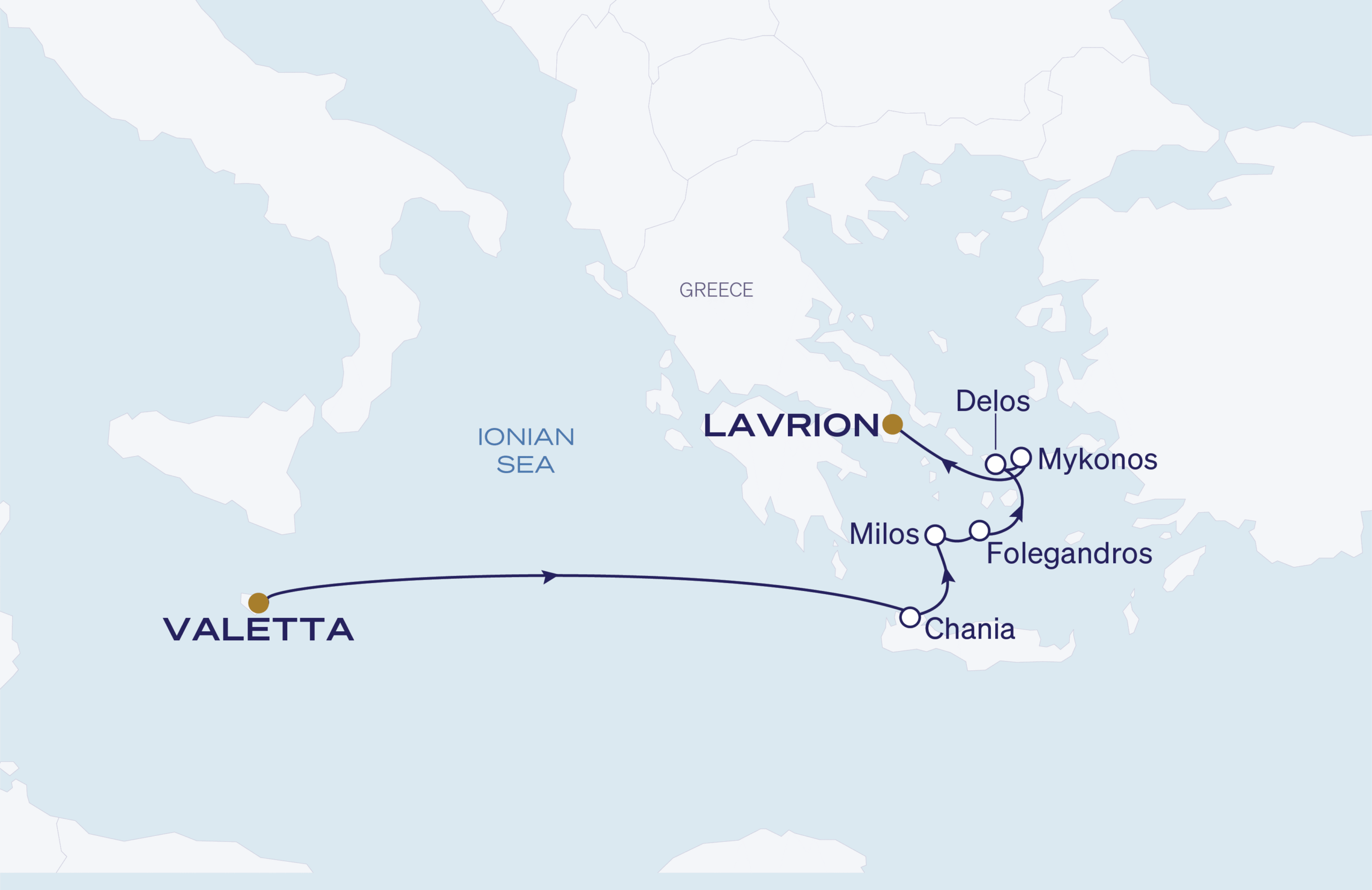 Map for Valletta to Lavrion