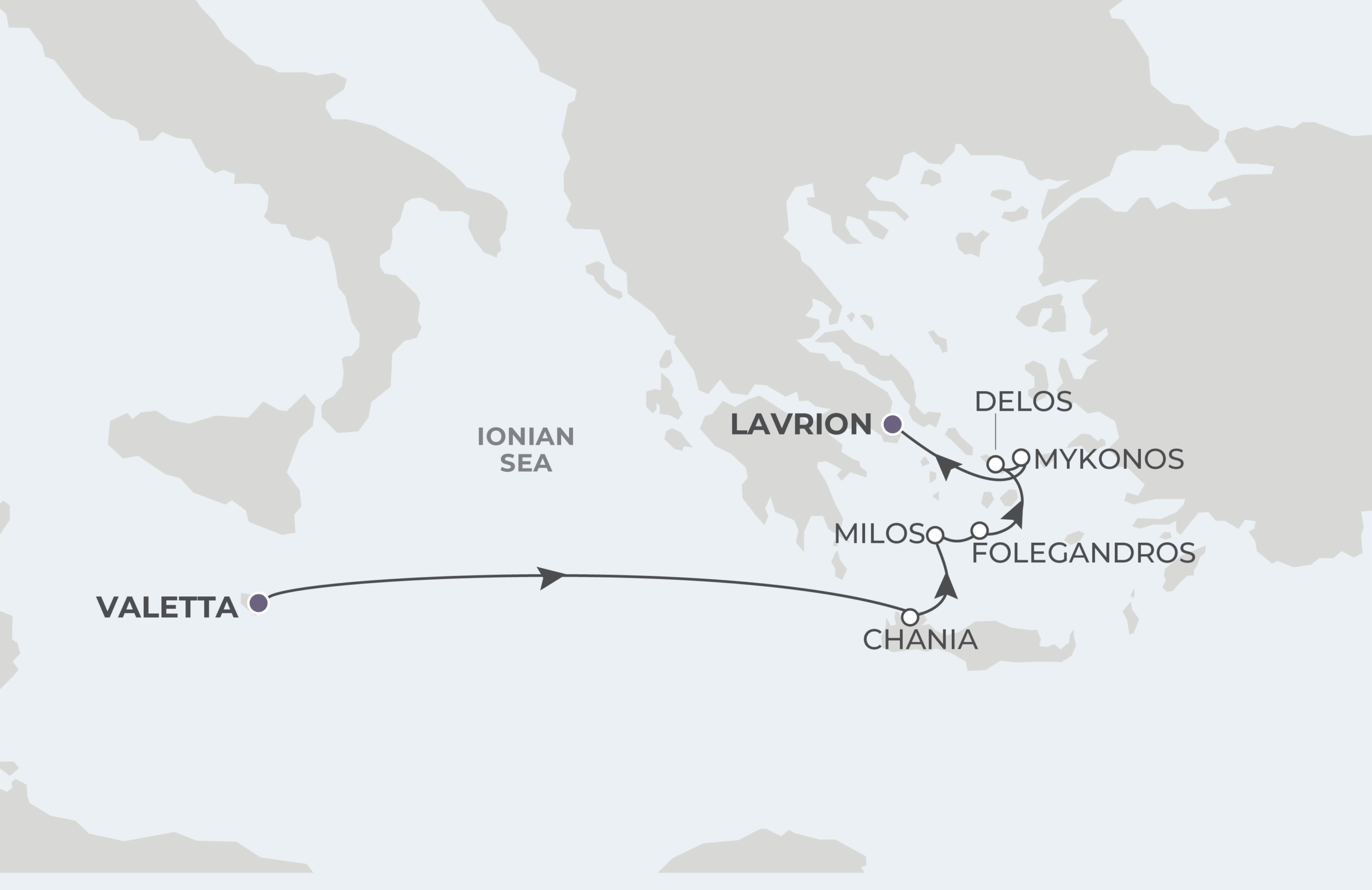 Map for Valletta to Lavrion